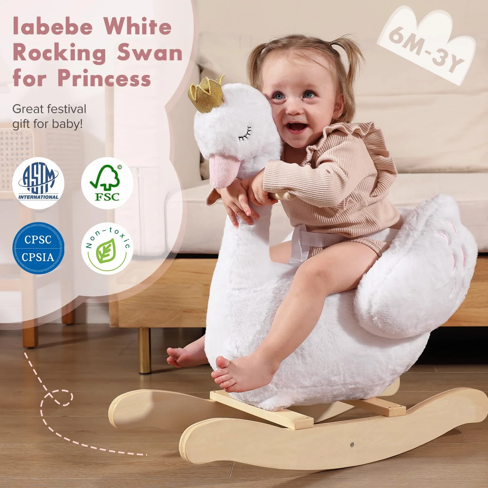Labebe Cheval à Bascule Cygne Enfant Peluche Blanc Extérieur Intérieur Jouet 1-3 Ans