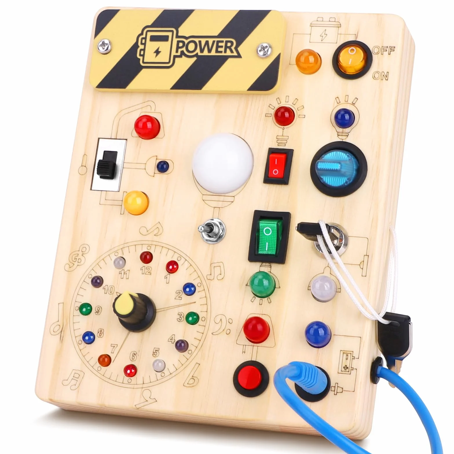 Busy Board Montessori 1 an Tableau d'Activités Horloge en Bois Sensorielle 10 Interrupteurs 23 Lumières LED Jeu Éducatif Motricité Fine