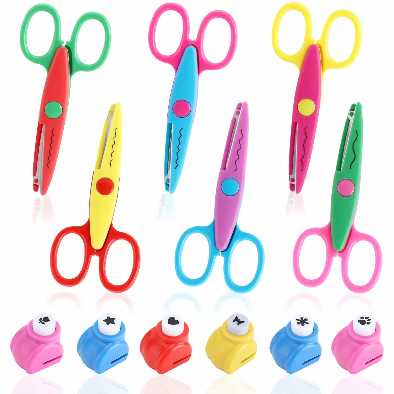 Lot de 6 Ciseaux de Bricolage pour Enfants avec Perforatrices à Papier, 6 Formes de Coupe