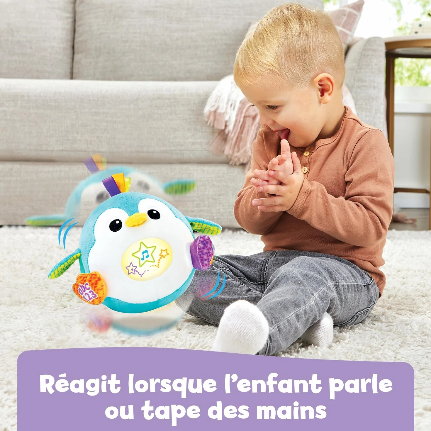 VTech Rouli'Pingouin Balle Magique Peluche Interactive Bébé Qui Répète, Saute et Roule - Balle Bébé Éveil Musical, Pingouin Jouet Sensoriel - Cadeau Enfant Dès 1 an