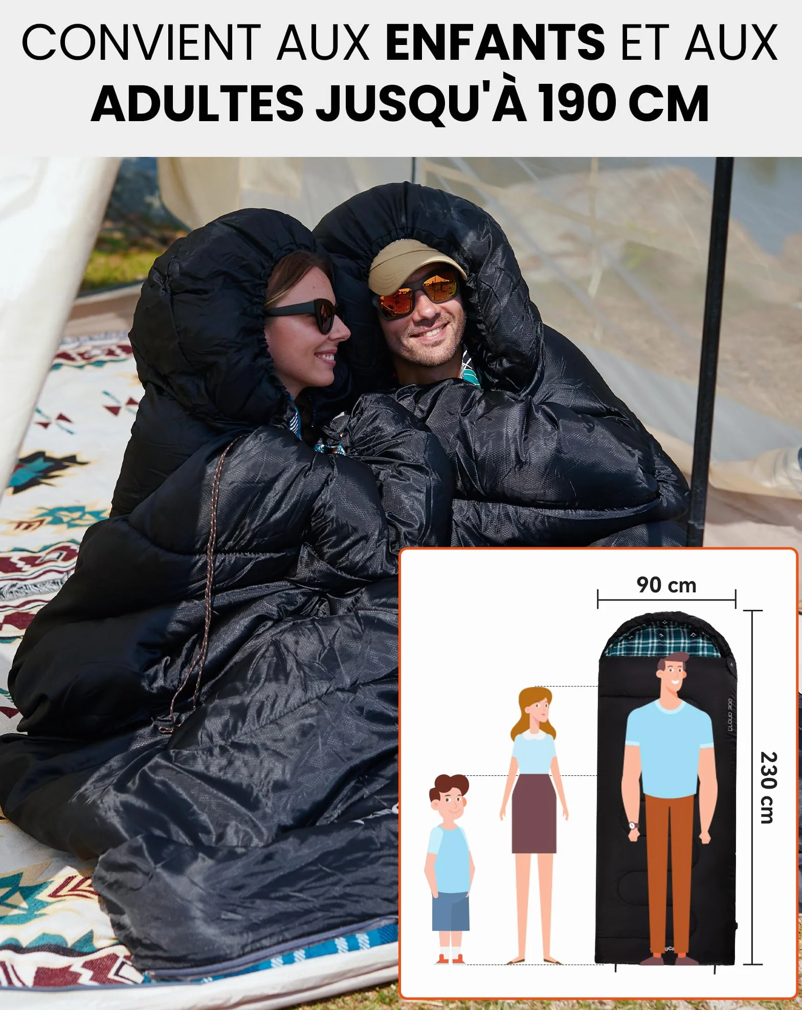 KingCamp Sac de Couchage Adulte Hiver Flanelle Coton 230x90cm 4°C à -15°C 3-4 Saisons Camping