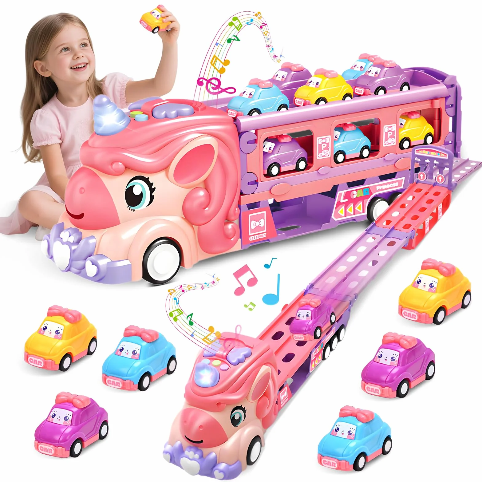 RoserRose Camion Licorne pour Fille 2-6 Ans avec 6 Mini-Voitures et Piste de Course, Lumières et Musique, Cadeau Enfant
