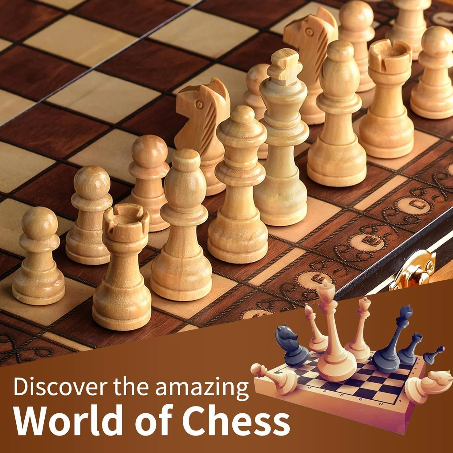 Jeu d'Échecs 2 en 1, Échiquier Magnétique en Bois Pliable avec Rangement, 29x29 cm