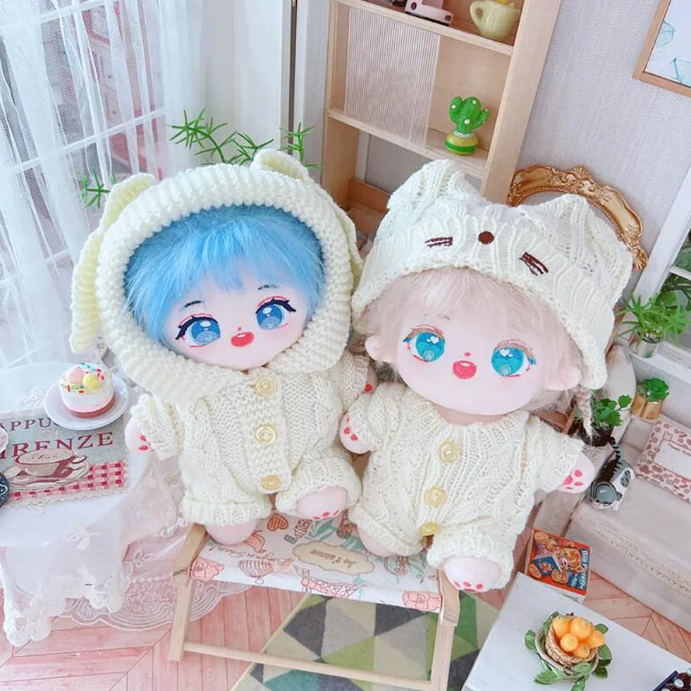 niannyyhouse Vêtements de poupée en peluche 20 cm, chapeau chat, grenouillères laine, accessoires