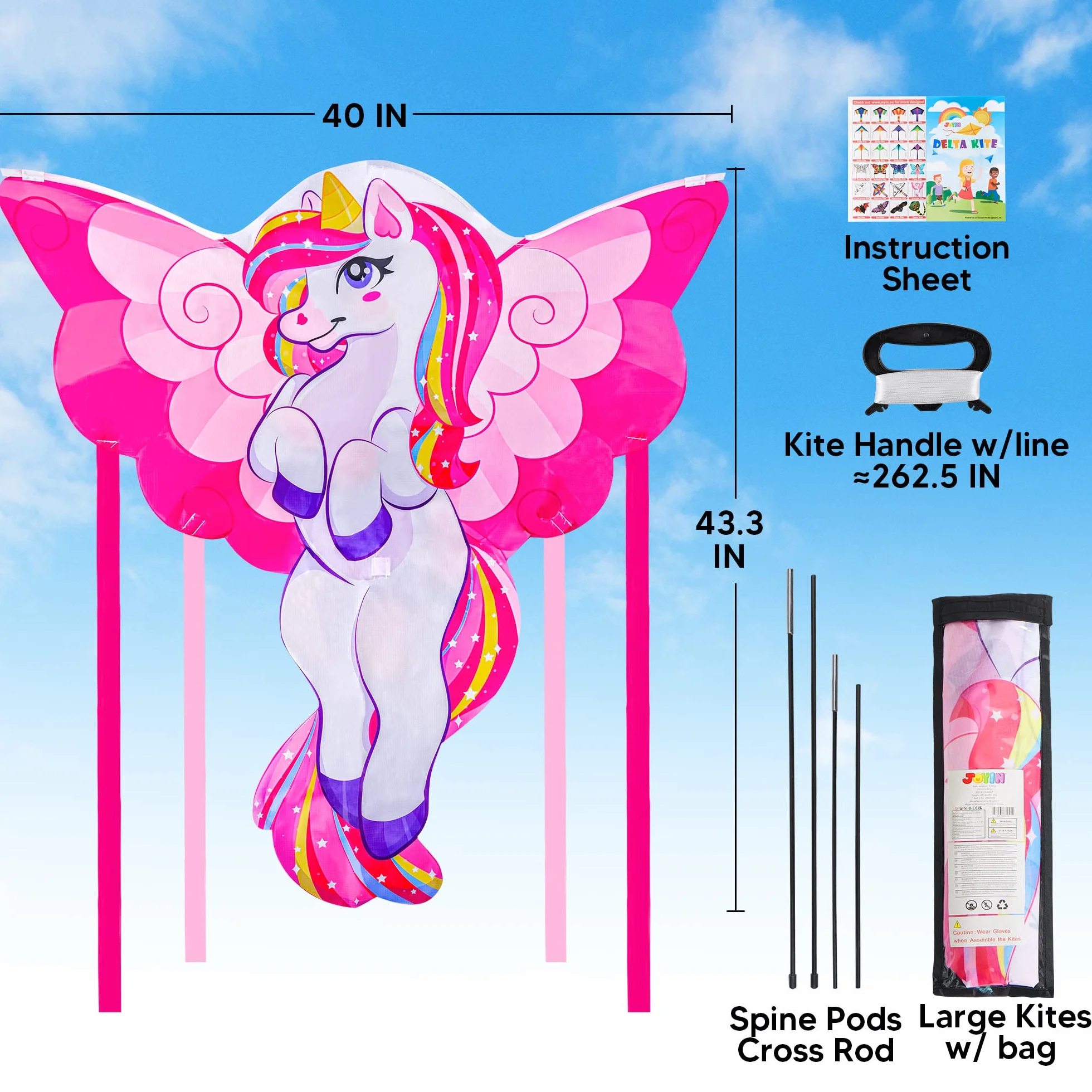 JOYIN Cerf-volant géant licorne 43,3 pouces Facile à voler enfants adultes Grand jeux plage plein air