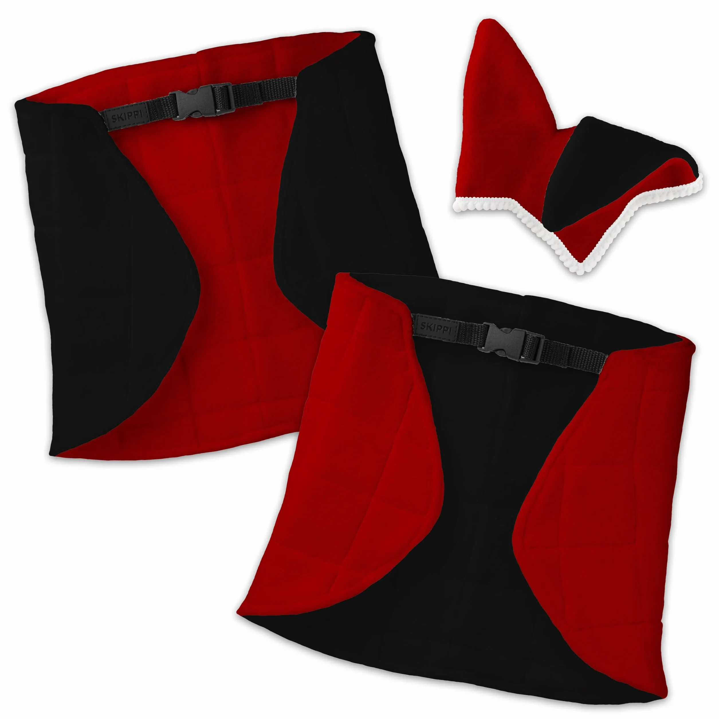 SKIPPI Couverture Réversible et Bonnet Anti Mouches pour Hobby Horse - Rouge et Noir, Accessoire Tête de Cheval