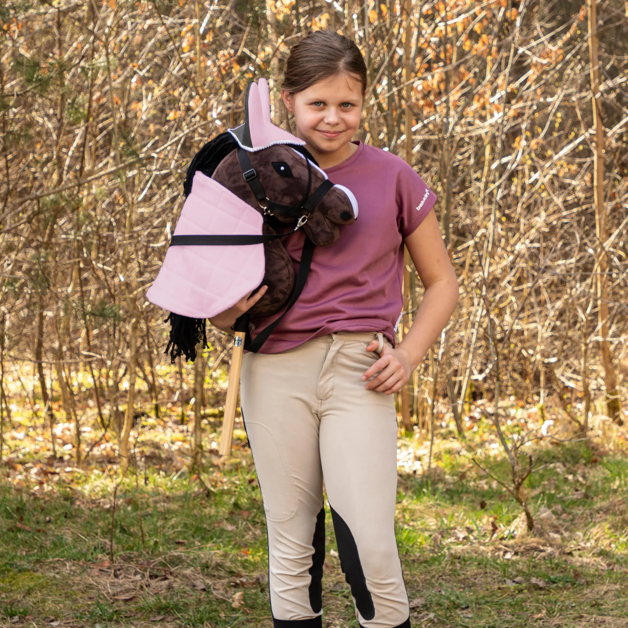 SKIPPI Couverture Réversible et Bonnet Anti Mouches pour Hobby Horse - Rose et Gris, Accessoire Tête de Cheval