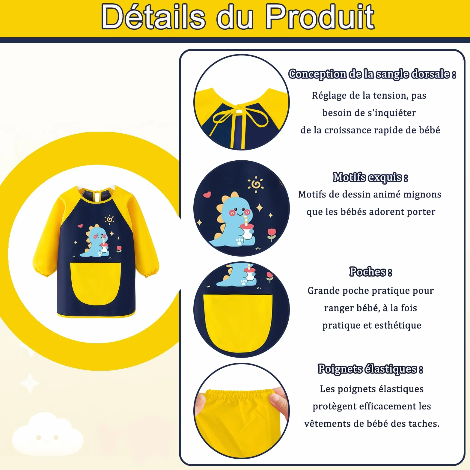 Tablier Peinture Enfant 3-8 Ans Imperméable avec Poches pour École Cuisine Garçon Fille Dinosaure