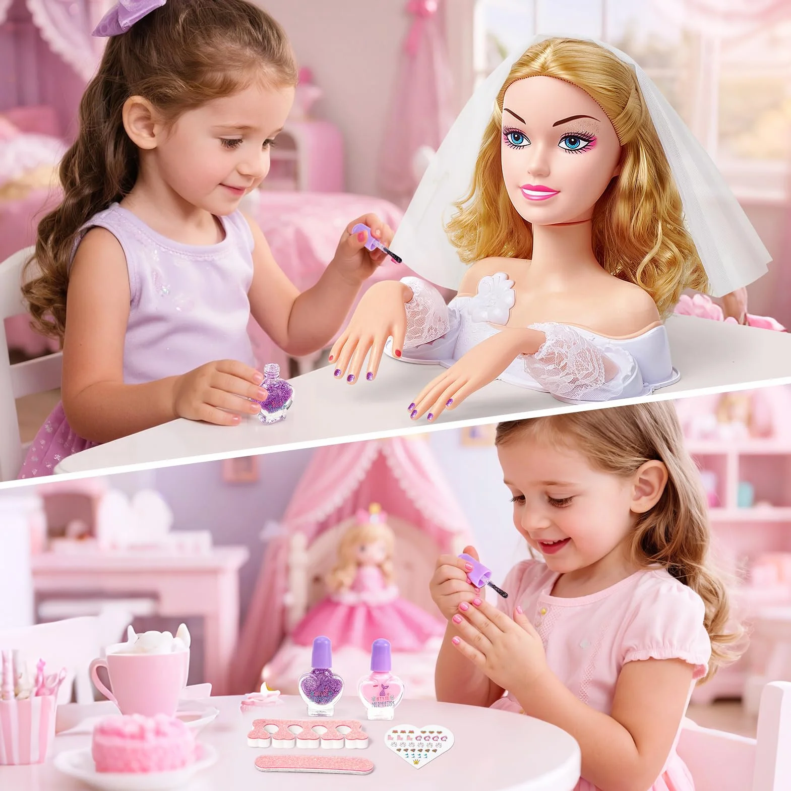 Vamei Tete a Coiffer Enfant avec Accessoires Coiffure, Poupée Maquillage Sèche-Cheveux, Salon Jouet Cadeau Fille 3-6 Ans