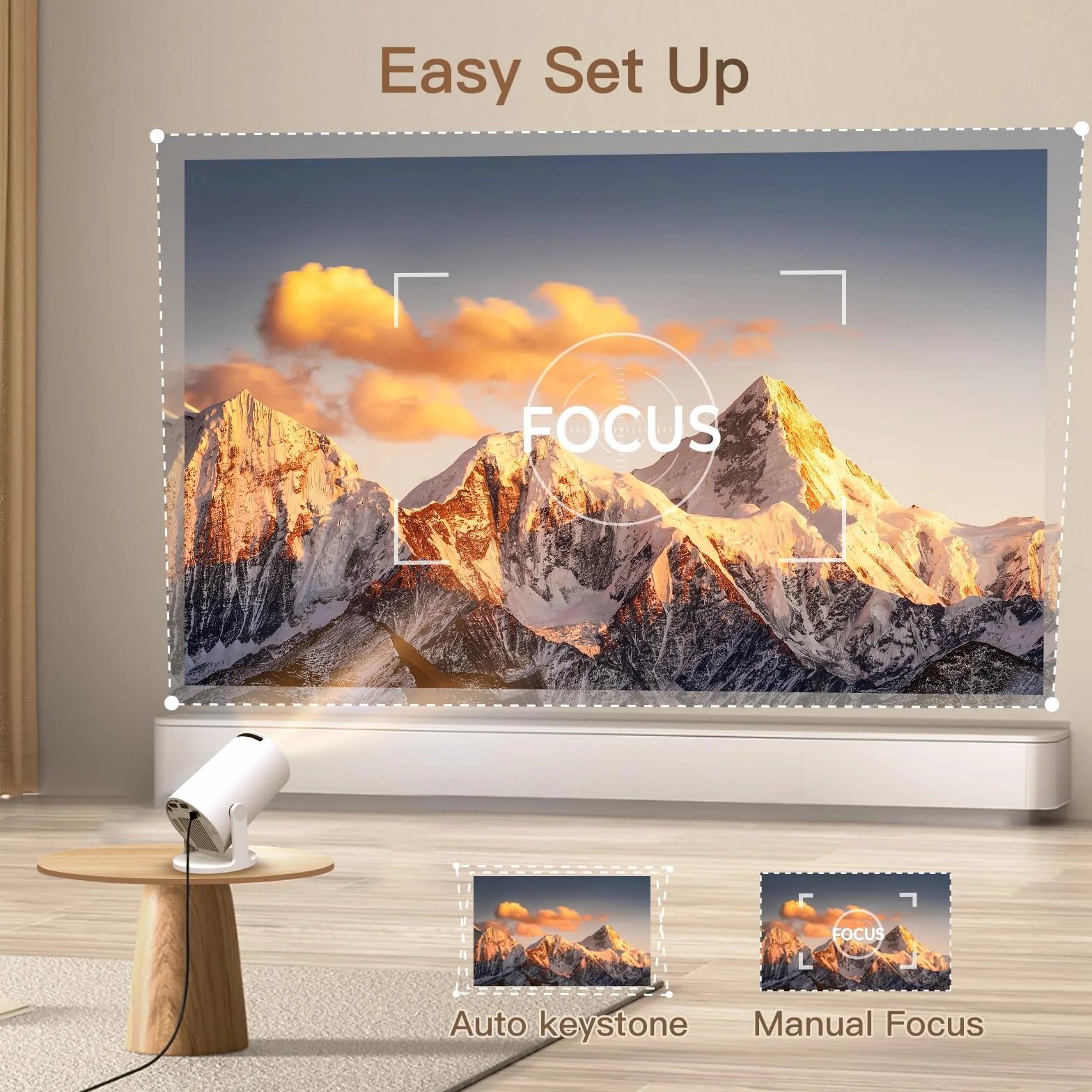 Vidéoprojecteur Wi-Fi 6 Bluetooth 5.4 4K Full HD Android 14 Auto Keystone Projecteur HDMI iPhone USB Blanc