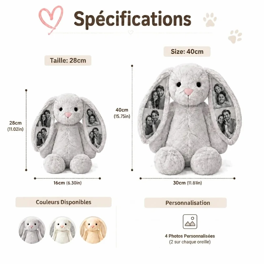 Peluche Lapin Personnalisé avec Photo Coussin Animal pour Femme Couple Cadeau Anniversaire