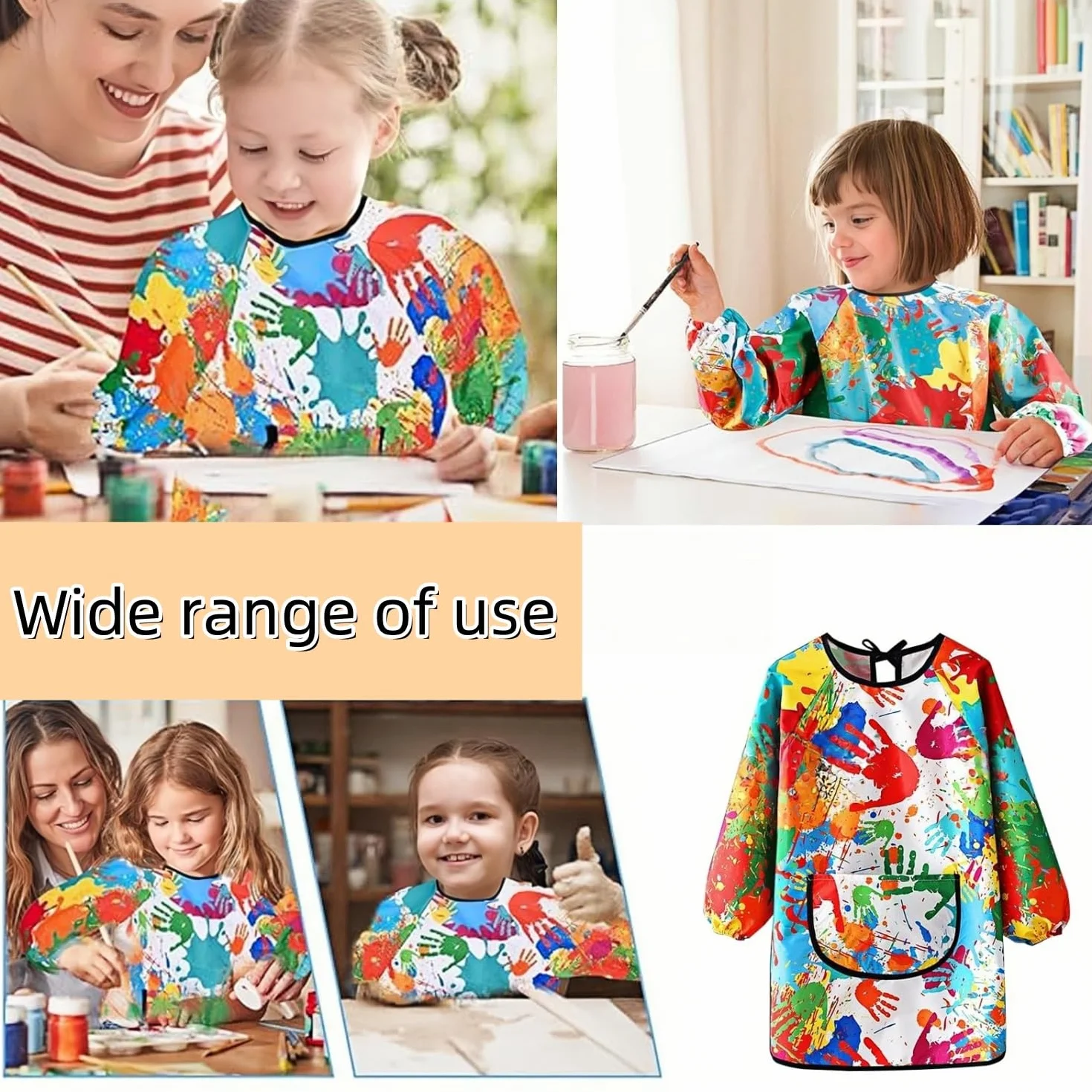 Tablier Peinture Enfant Imperméable avec Poche Manches Longues Blouse Réutilisable Ajustable 3-8 Ans Cuisiner Arts Artisanat Garçon