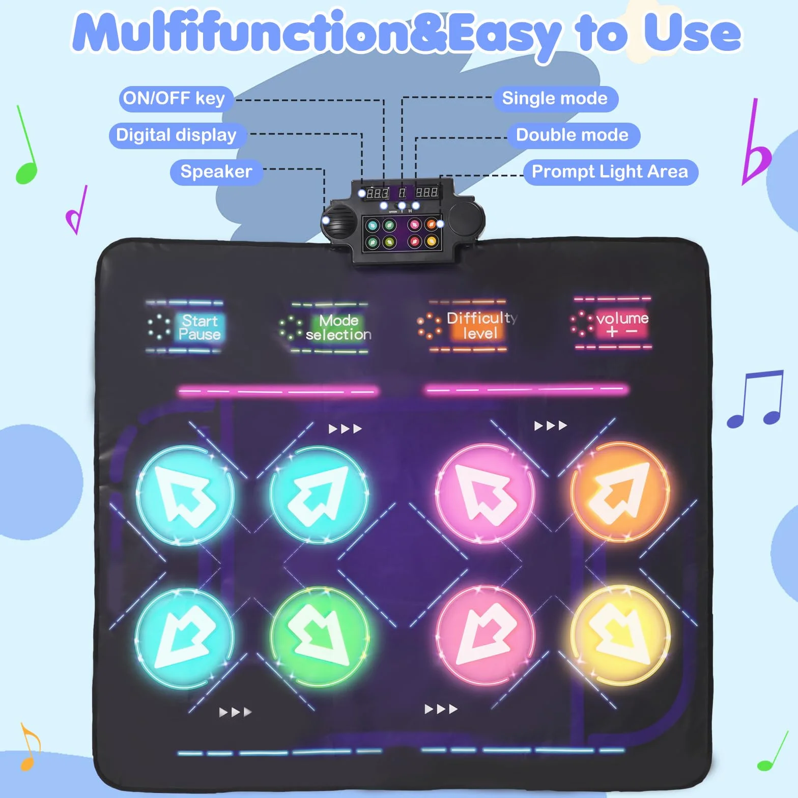Tapis de Danse Double pour Enfants 8 Flèches LED 4 Modes de Jeu 3-12 Ans Cadeau Noël