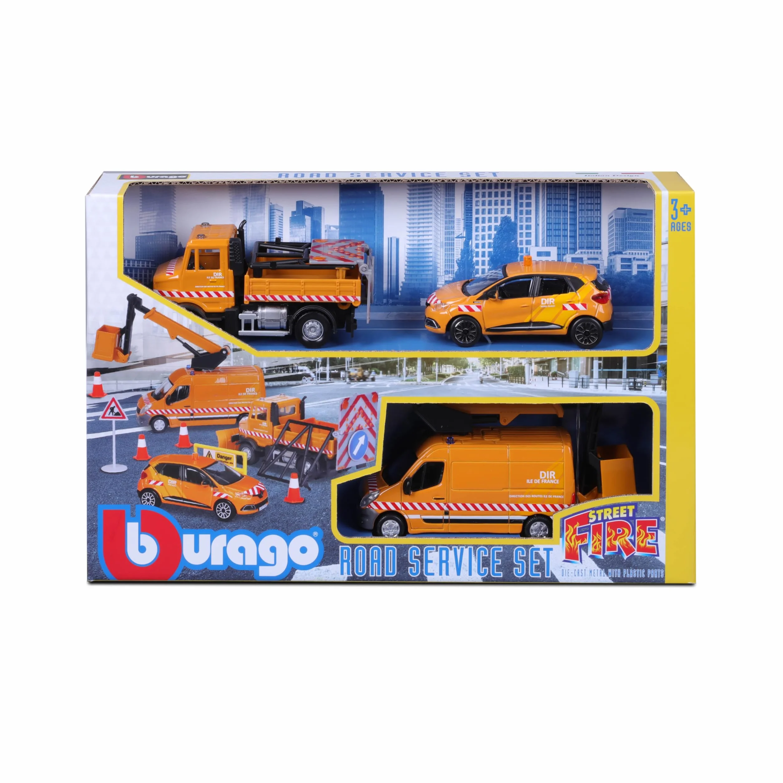 Bburago 1/43 Street Fire City Services Playset 3 véhicules 8 accessoires