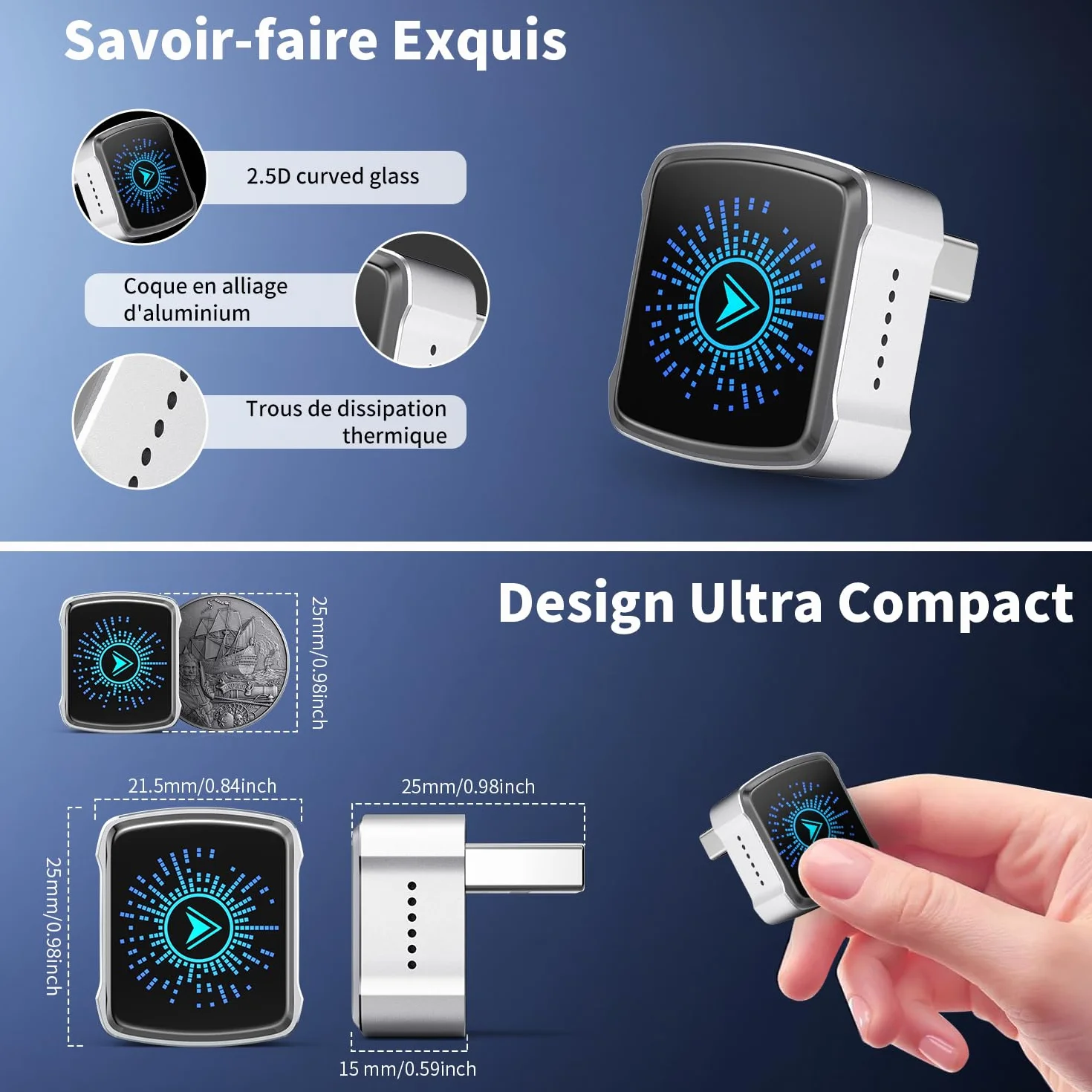 Adaptateur CarPlay sans Fil pour iPhone iOS 12+ Android Auto Compatible Voitures CarPlay Câblé 2016+ USB-A/C Connexion Rapide Stable Argent