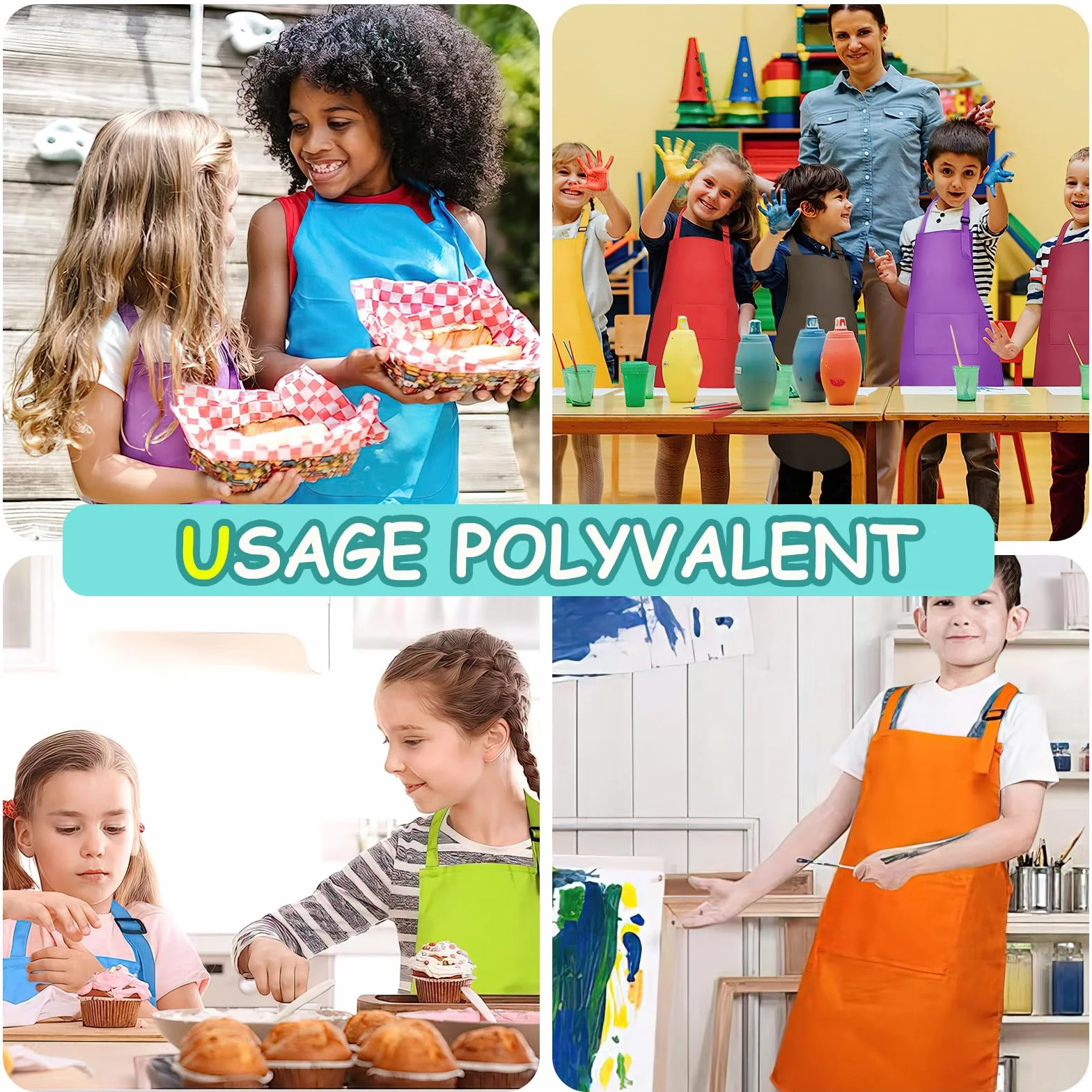 Lot de 16 Tabliers Enfant Réglables avec 2 Poches - Tablier de Peinture et Cuisine pour Filles et Garçons - 7-13 Ans