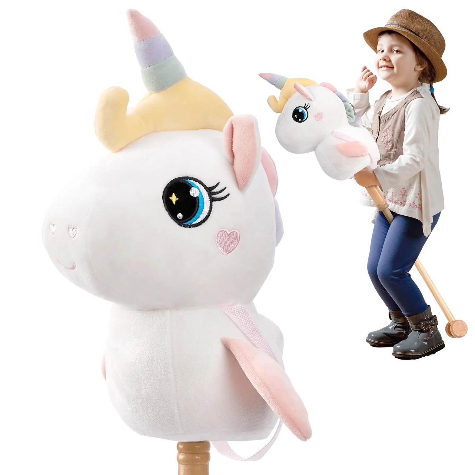 FUNLIO Cheval Bâton Interactif pour Enfants dès 3 Ans, Hobby Horse avec Sons Réalistes, Roues en Bois, Tête en Peluche Douce – Blanc