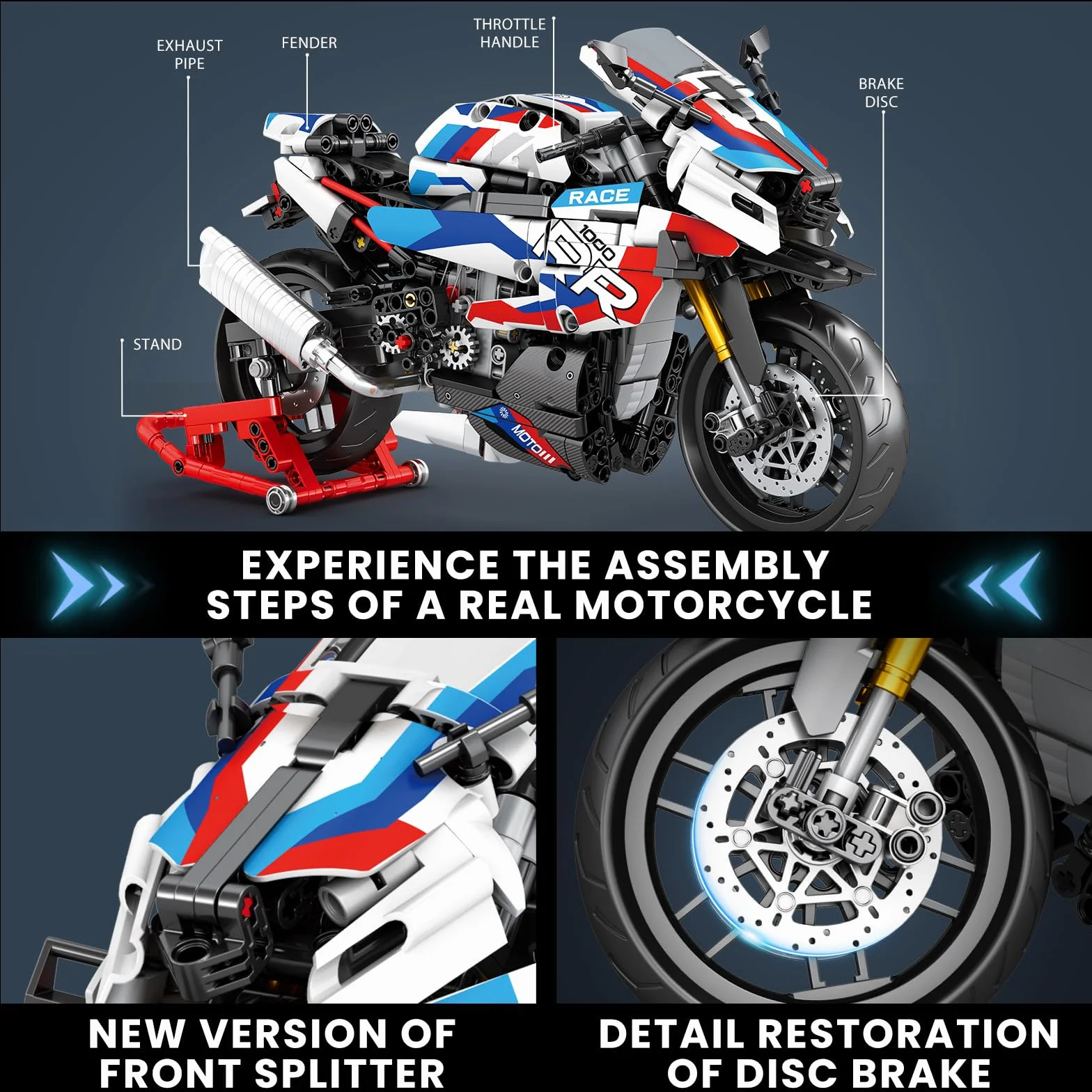 Reobrix Jouet de construction Moto 1000 RR Adultes, Set de briques Technics 1:8, 99040 Modèle de super-moto avec support (949 pièces)