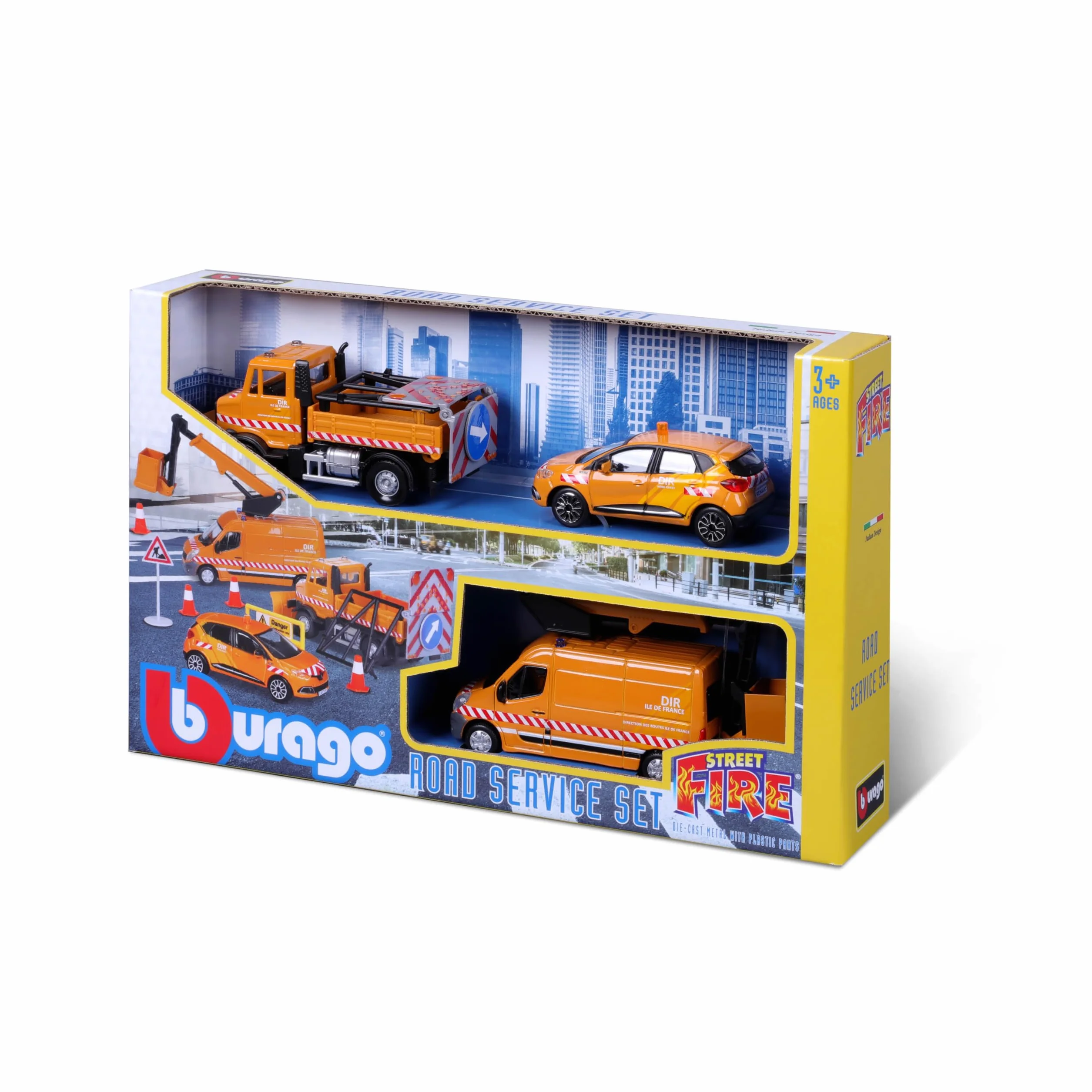 Bburago 1/43 Street Fire City Services Playset 3 véhicules 8 accessoires