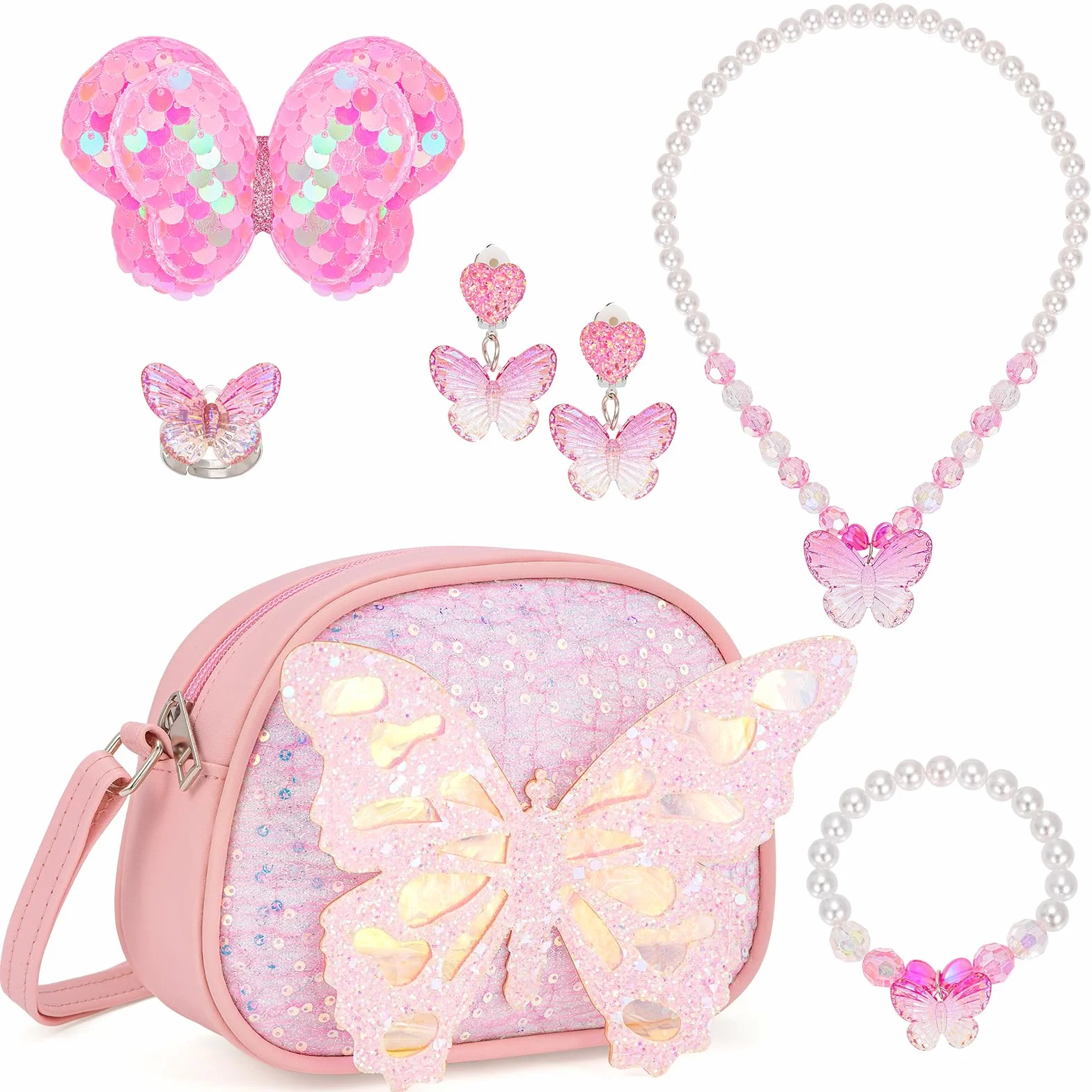 Sac à Main Bijoux Enfants Fille Papillon Colliers Bracelets Boucles d'oreilles Bagues Épingles à Cheveux avec Sac Bandoulière Princesse Accessoires Cadeaux de fête