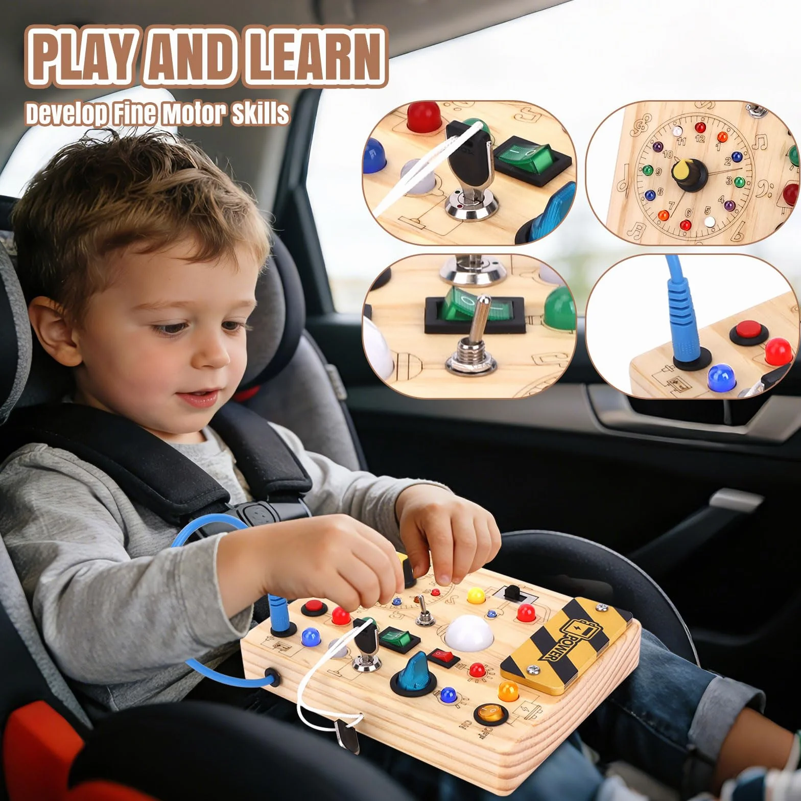 Tableau d'activité Montessori en bois avec 10 interrupteurs et 23 voyants LED Jouet sensoriel éducatif pour tout-petits 1 an Cadeau garçon