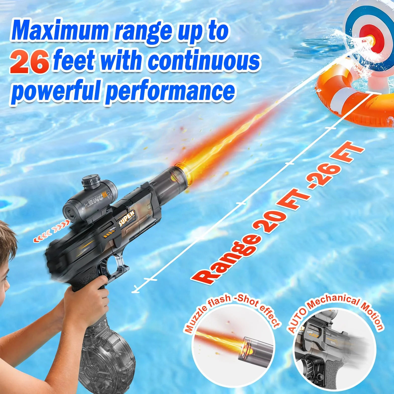 Pistolet à Eau Électrique pour Enfants, Longue Portée, avec Lampe LED, Jouet de Piscine, Cadeau (Noir)