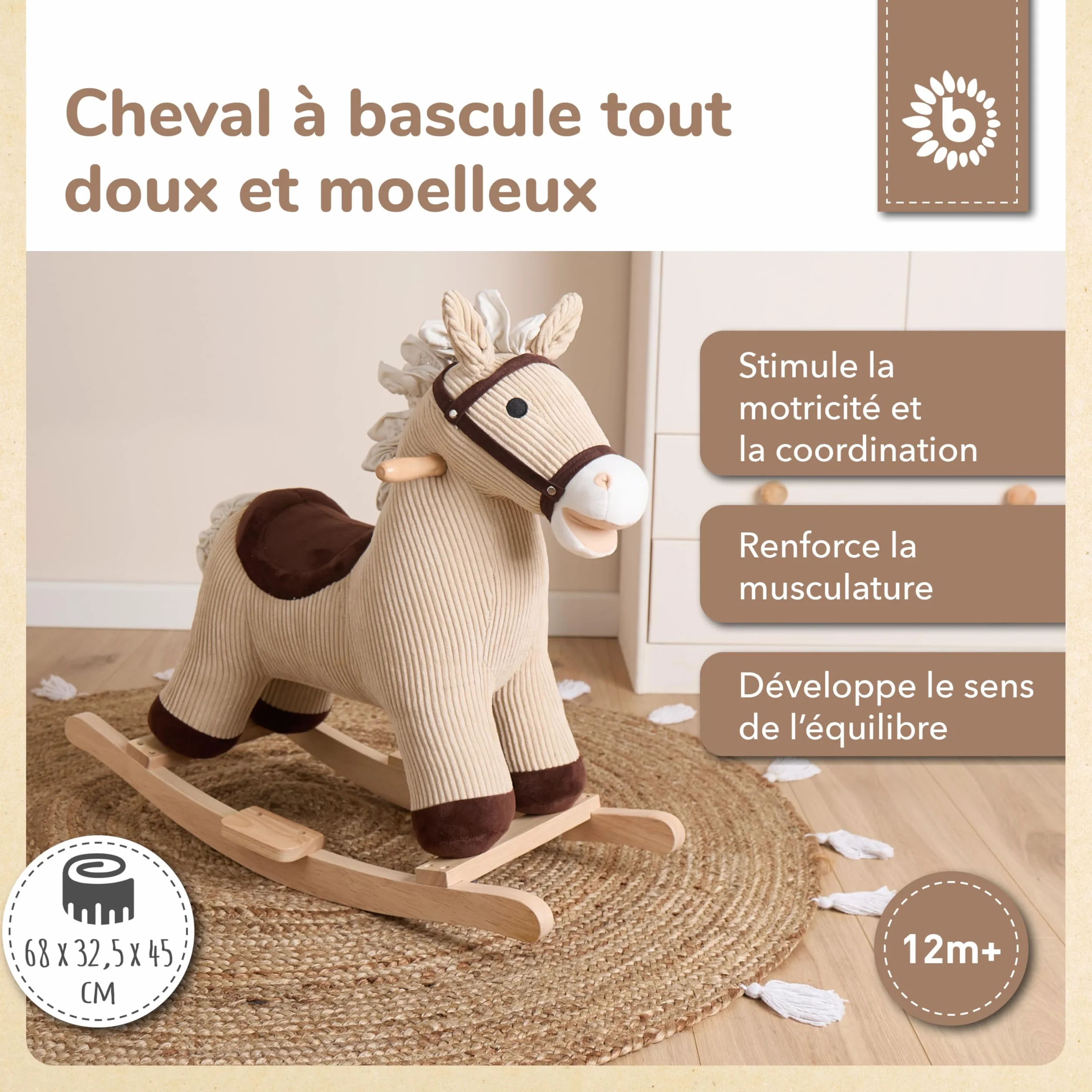 Bieco Cheval à bascule en peluche Lucky 68 cm | Jouet à bascule en bois pour enfant à partir de 1 an