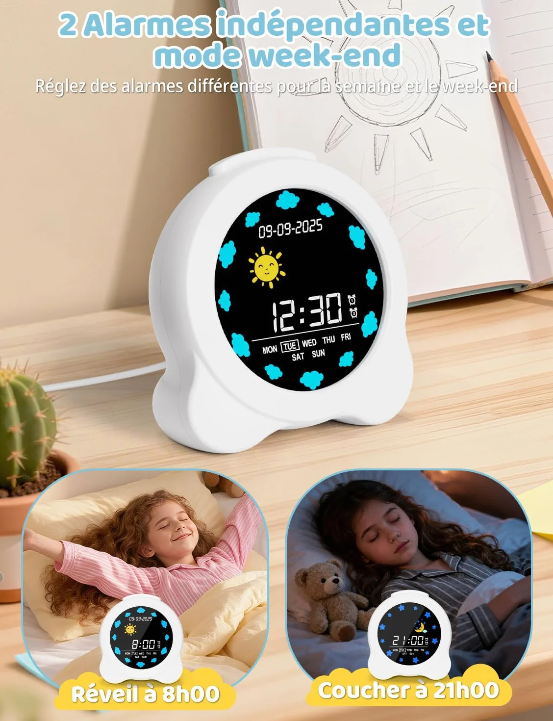 YISSVIC Réveil Enfant Jour Nuit Éducatif 2 Alarmes 12/24 Heure Snooze Luminosité Réglable