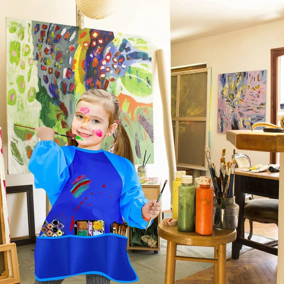 Gwolf Tablier Peinture Enfant 2 Pièces Blouse Peinture 8-10 Ans avec Manches et 3 Poches Tissu Bleu