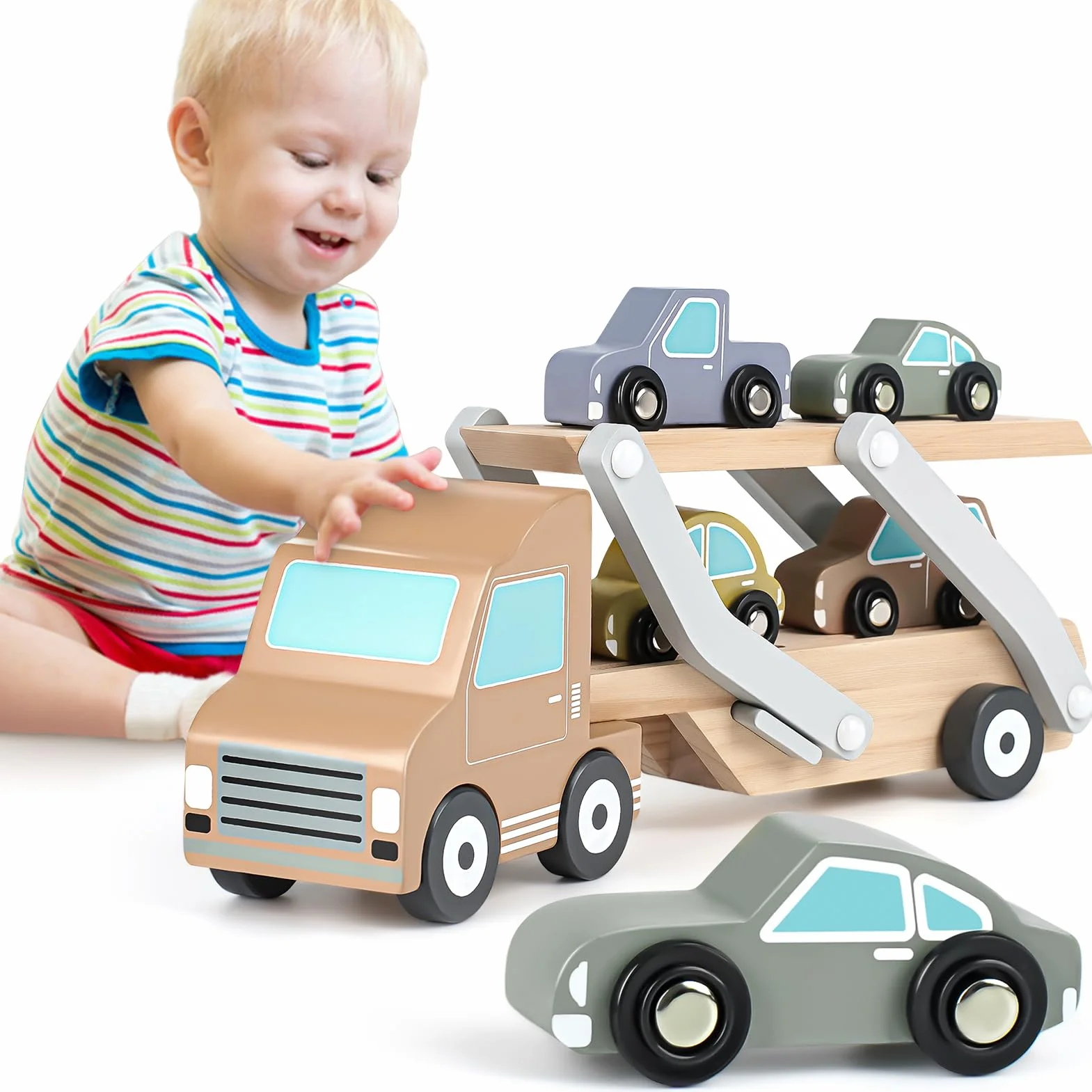 Jouet Bebe 1 an en Bois Voiture Garage Enfant Montessori avec 4 Mini-Voitures