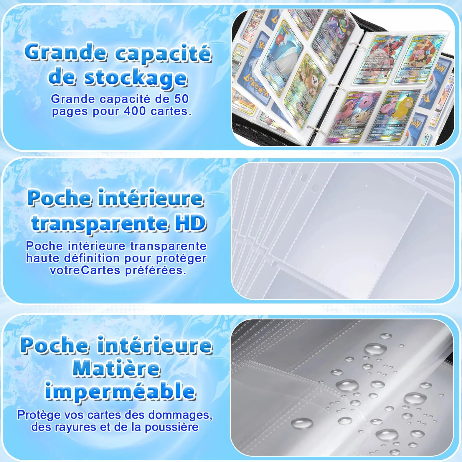 Porte Cartes en Cuir Imperméable avec Fermeture Éclair, Capacité 50 Pages 400 Cartes, Organisateur de Cartes Cadeau Garçons Filles