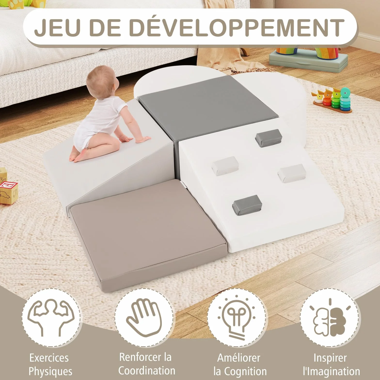 DREAMADE Parcours de Motricité Bebe en Mousse EPE, Bloc de Construction avec Housse, Jeux d’Escalade pour Enfants 1+ an (Gris)