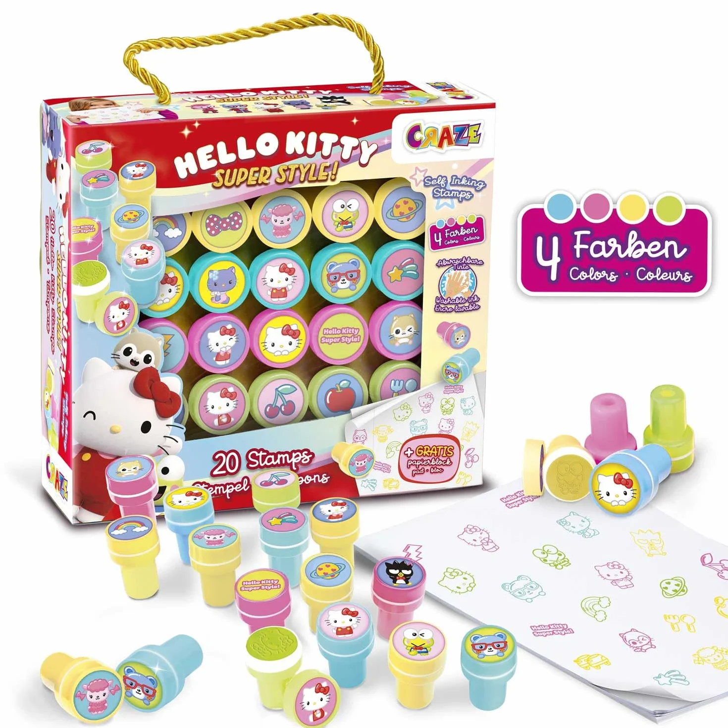 CRAZE HELLO KITTY Set de tampon encreur Enfant - 20 tampons avec bloc de papier, encre lavable