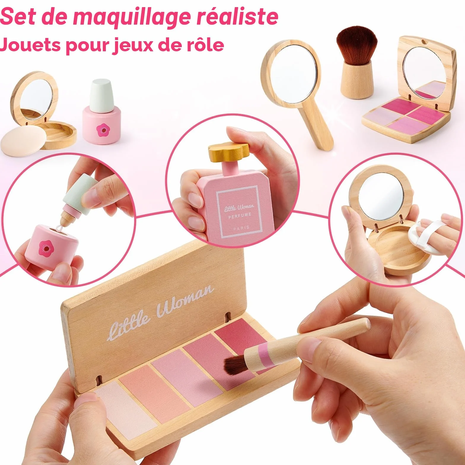 Coffret Maquillage Enfant Fille en Bois Jouet Maquillage Malette Accessoires Jeux Princesse Cadeau 3-8 Ans