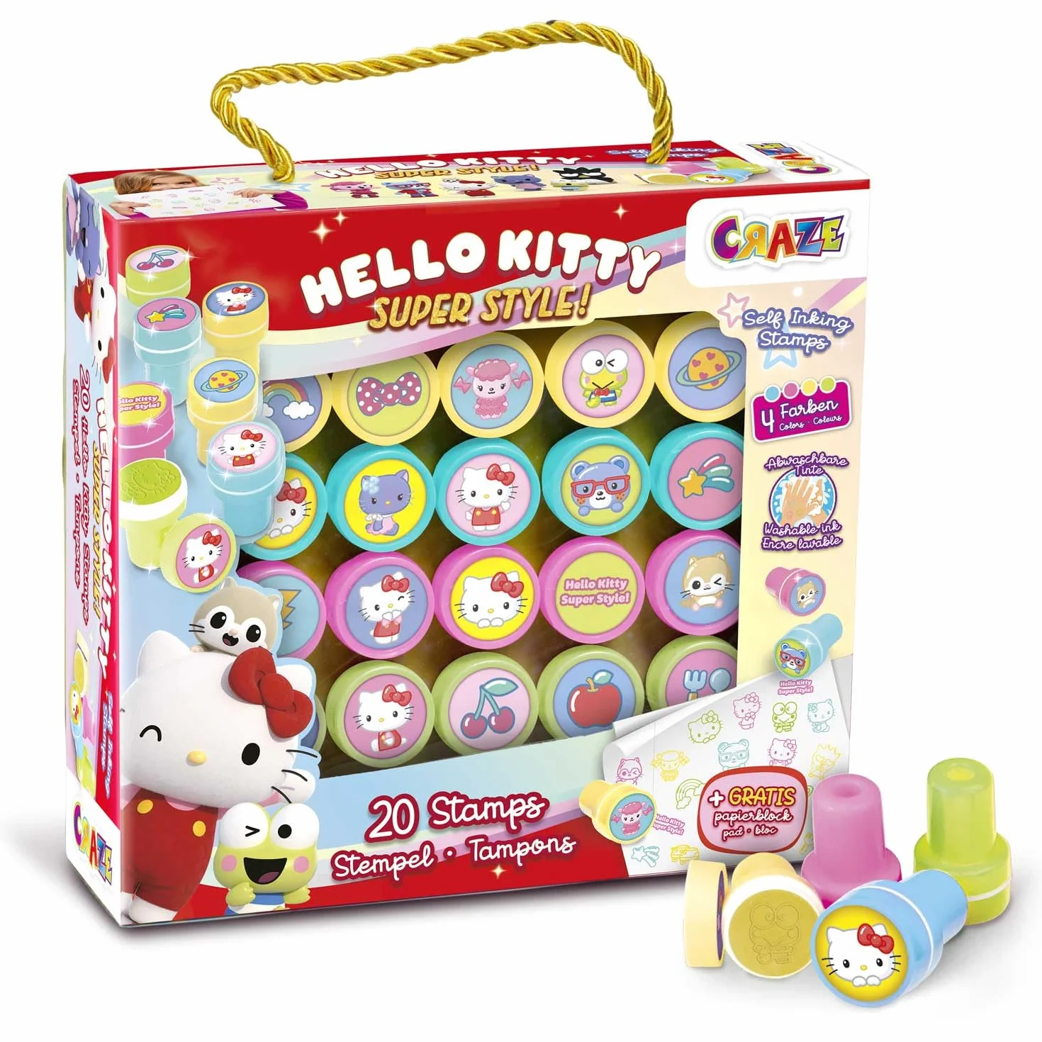 CRAZE HELLO KITTY Set de tampon encreur Enfant - 20 tampons avec bloc de papier, encre lavable