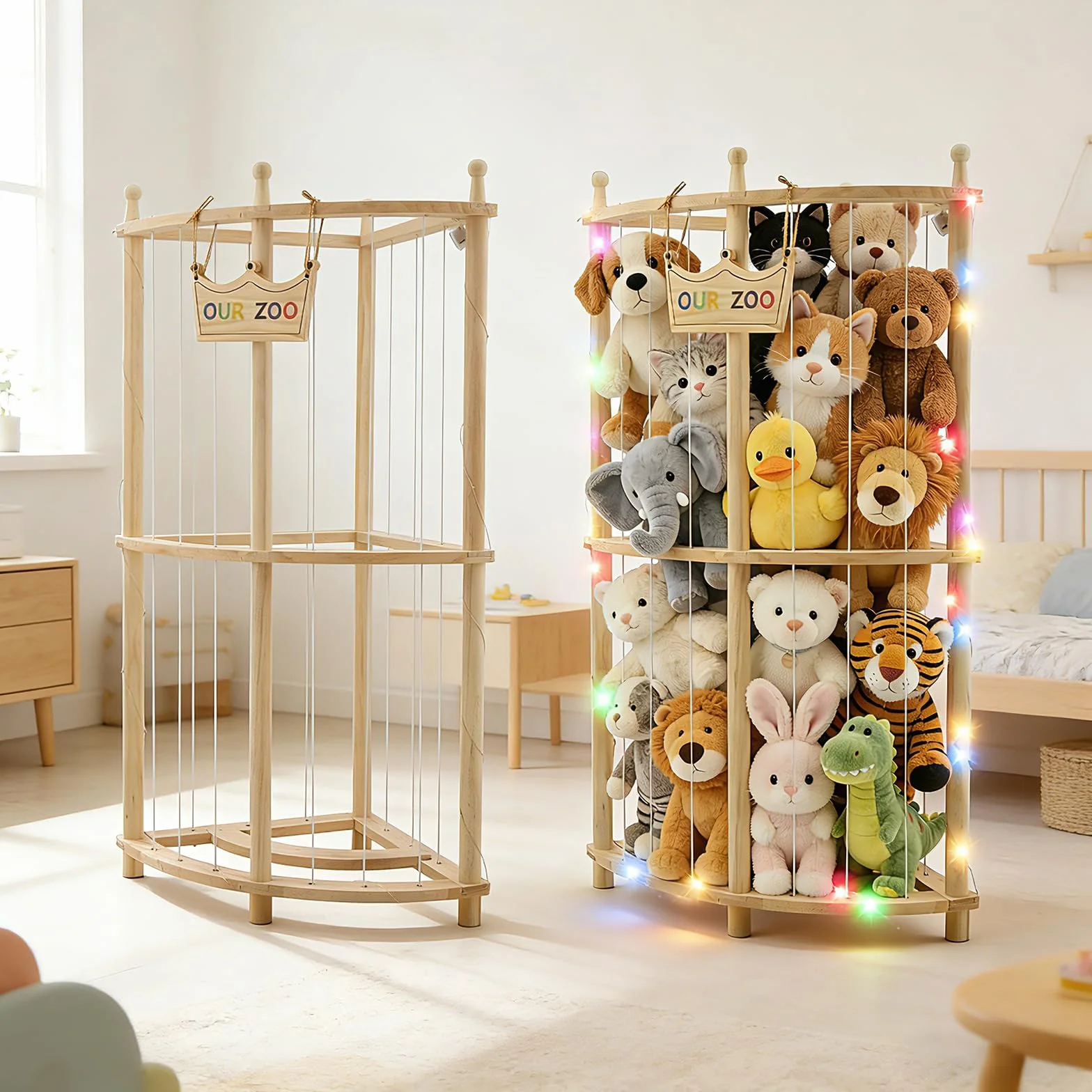 OUR ZOO Rangement d'angle pour doudou avec guirlandes lumineuses, double couche, bois, 90 cm, organisateur de jouets