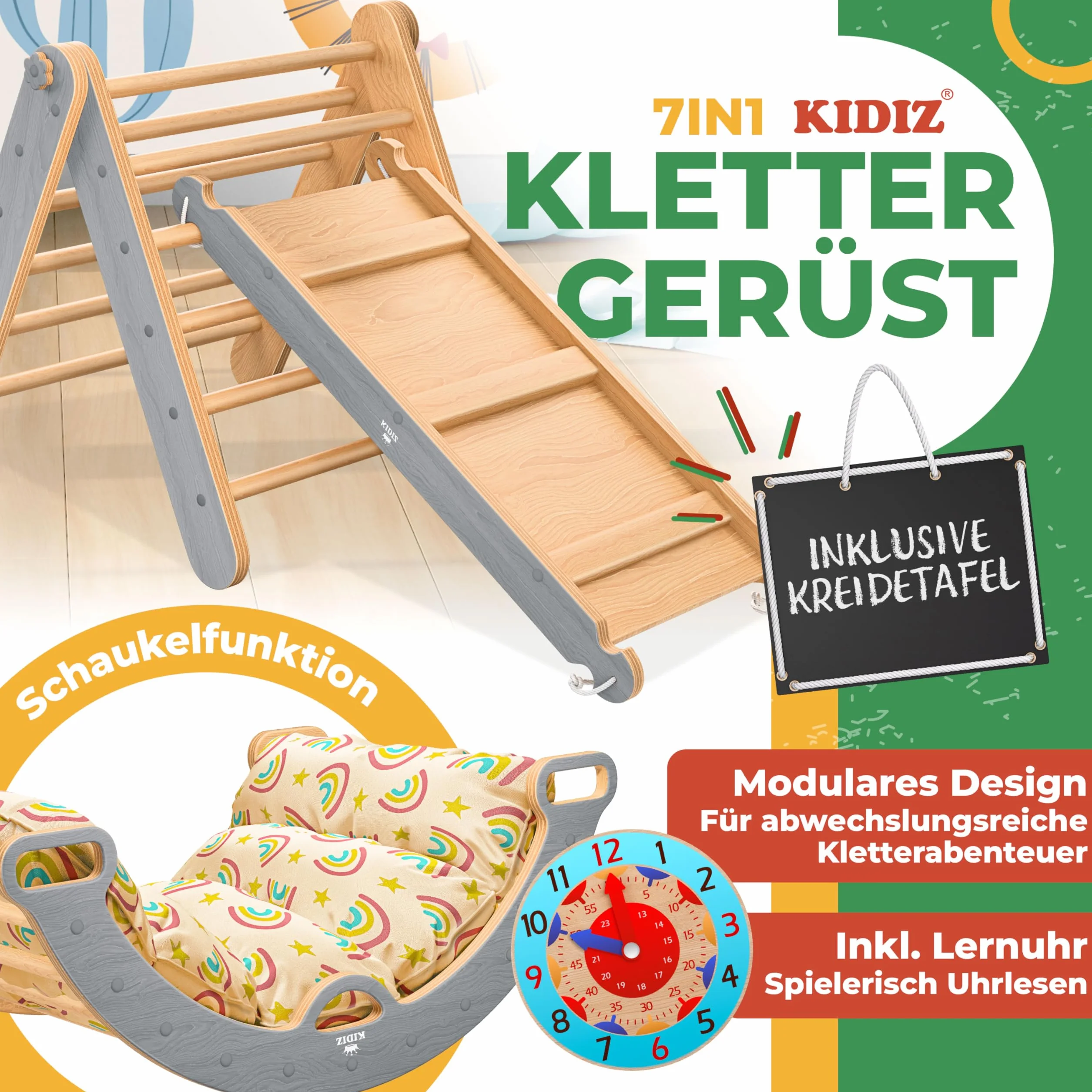 Kidiz Ensemble de jeu Montessori 7en1 avec structure d'escalade, toboggan, triangle d'escalade en bois | Aire de jeux intérieure