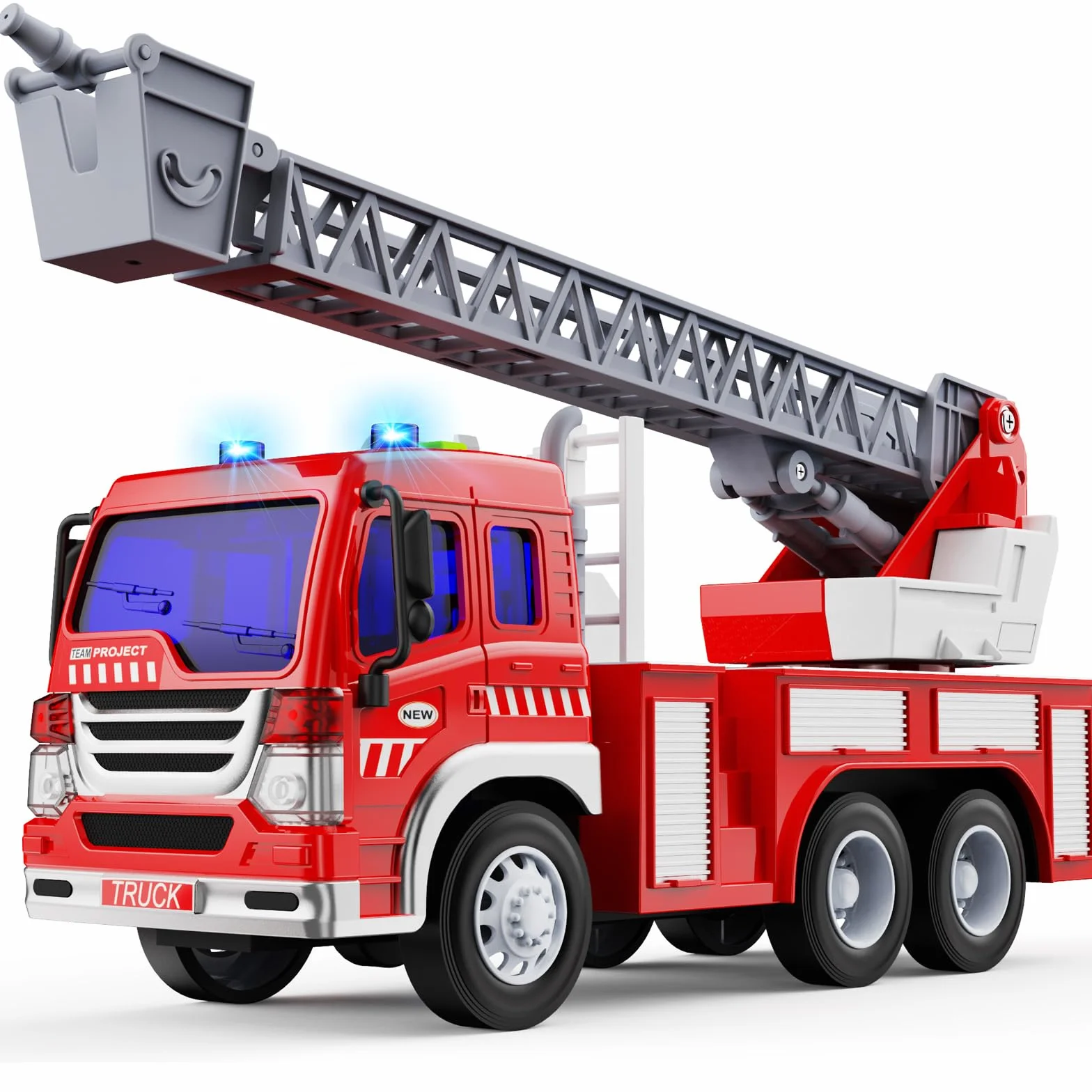 Gros Camion Pompier Jouet XXL avec Échelle Sonore et Lumineux, Fire Truck Cadeau Anniversaire Enfant 3-8 Ans Rouge