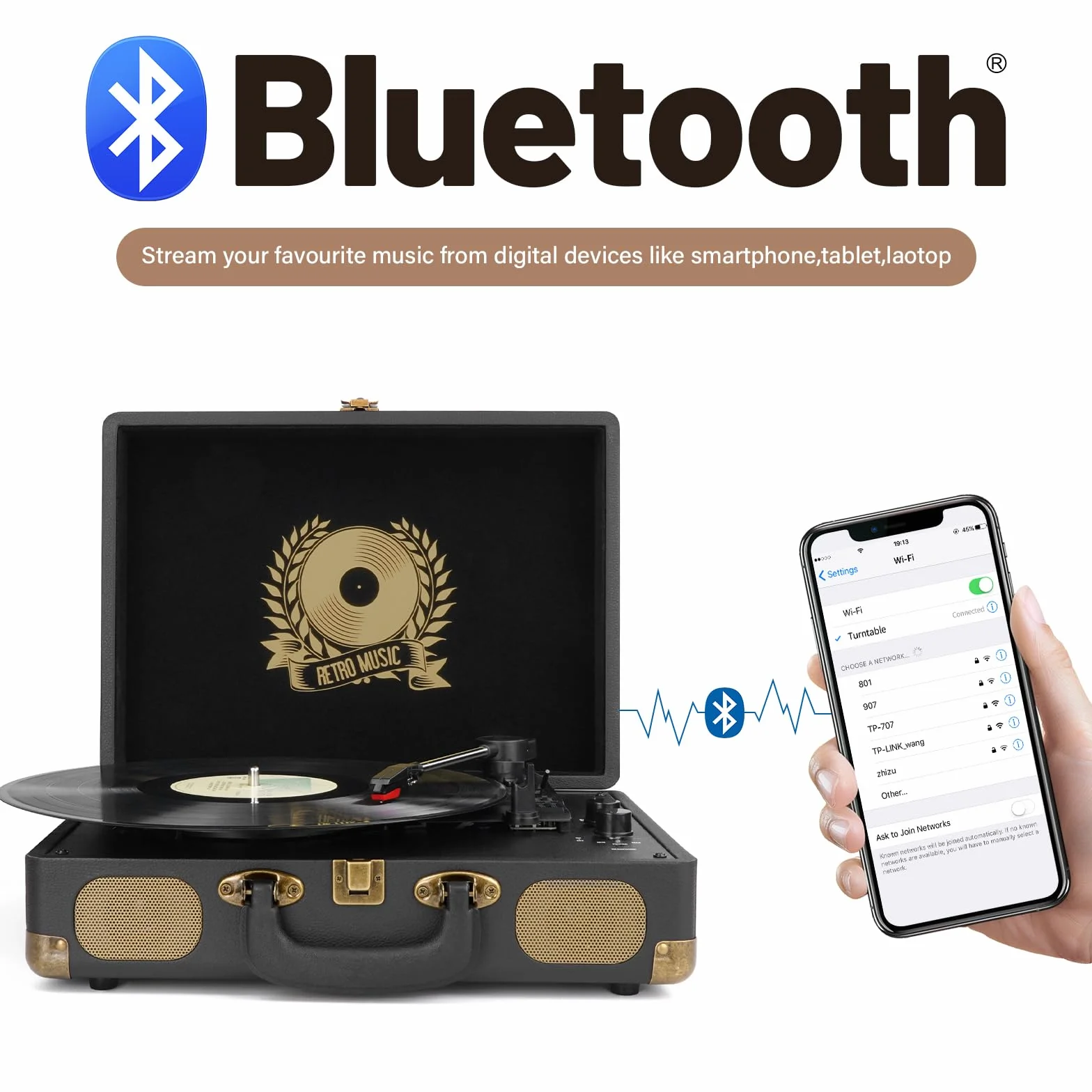 Mersoco Tourne-Disque Bluetooth Portable Vintage, Platine 3 Vitesses 33/45/78 TR/Min, Conversion USB vers MP3, Noir