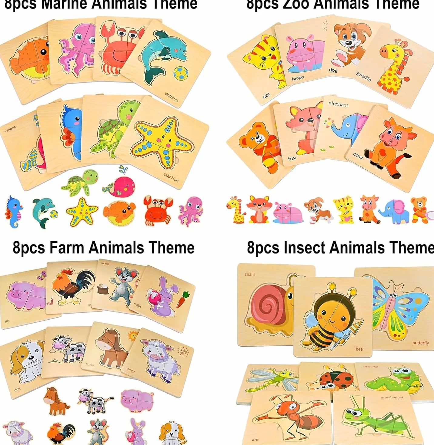 8 Puzzles en Bois Enfant Montessori Cube Animaux Marins Éducatifs 1 2 3 Ans