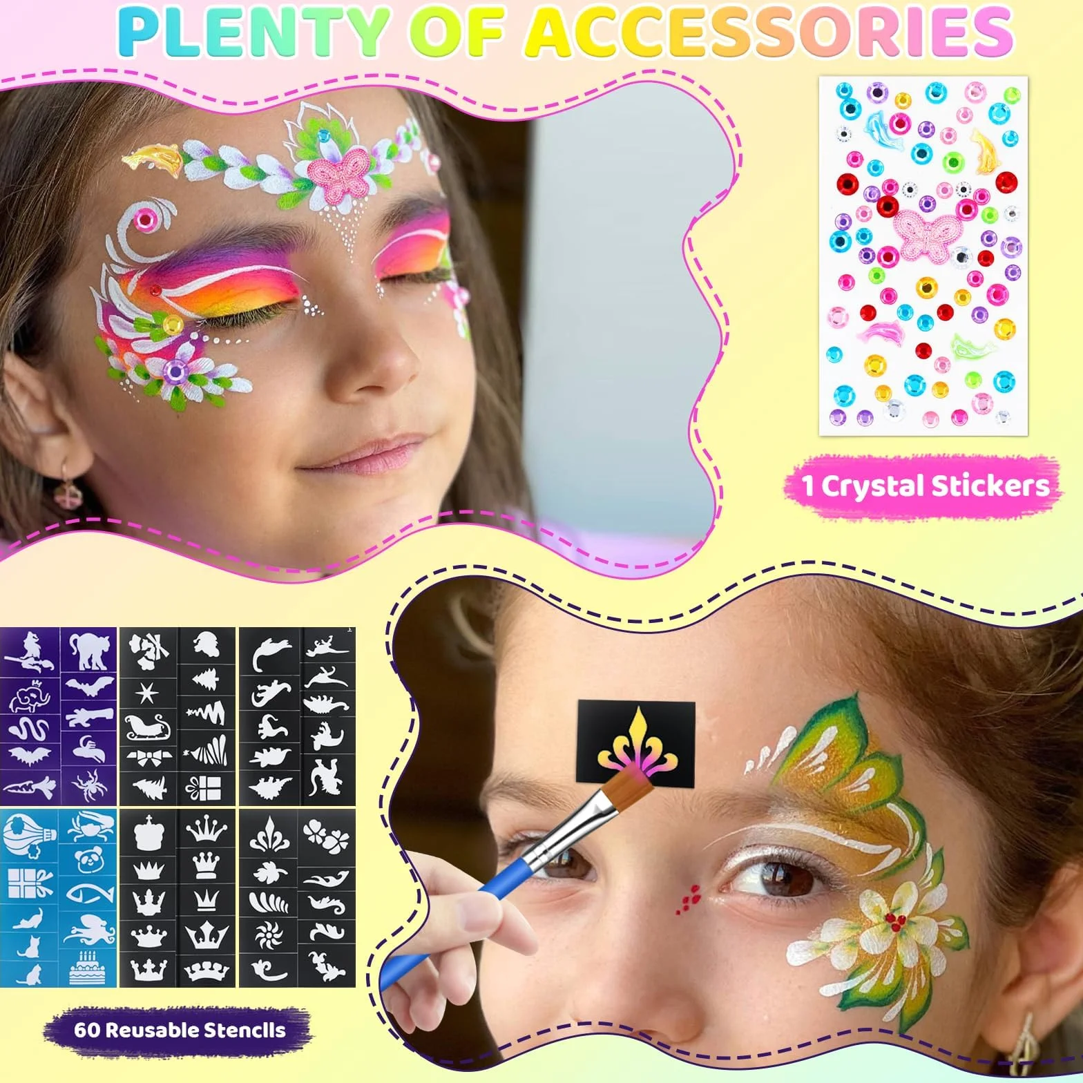 Peinture Corporelle Visage 20 Couleurs Palette Maquillage Enfants avec 2 Pinceaux 60 Pochoirs Halloween Noël Carnaval