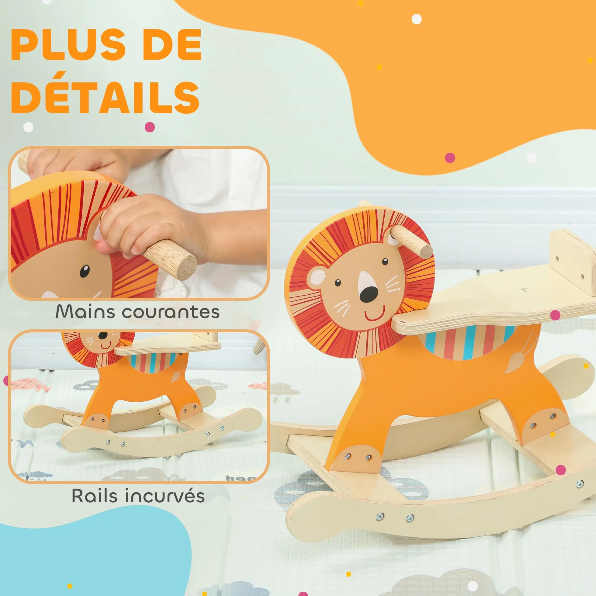 AIYAPLAY Cheval à Bascule en Bois pour Enfants 2-5 Ans, Jouet à Bascule Lion avec Guidon, Orange