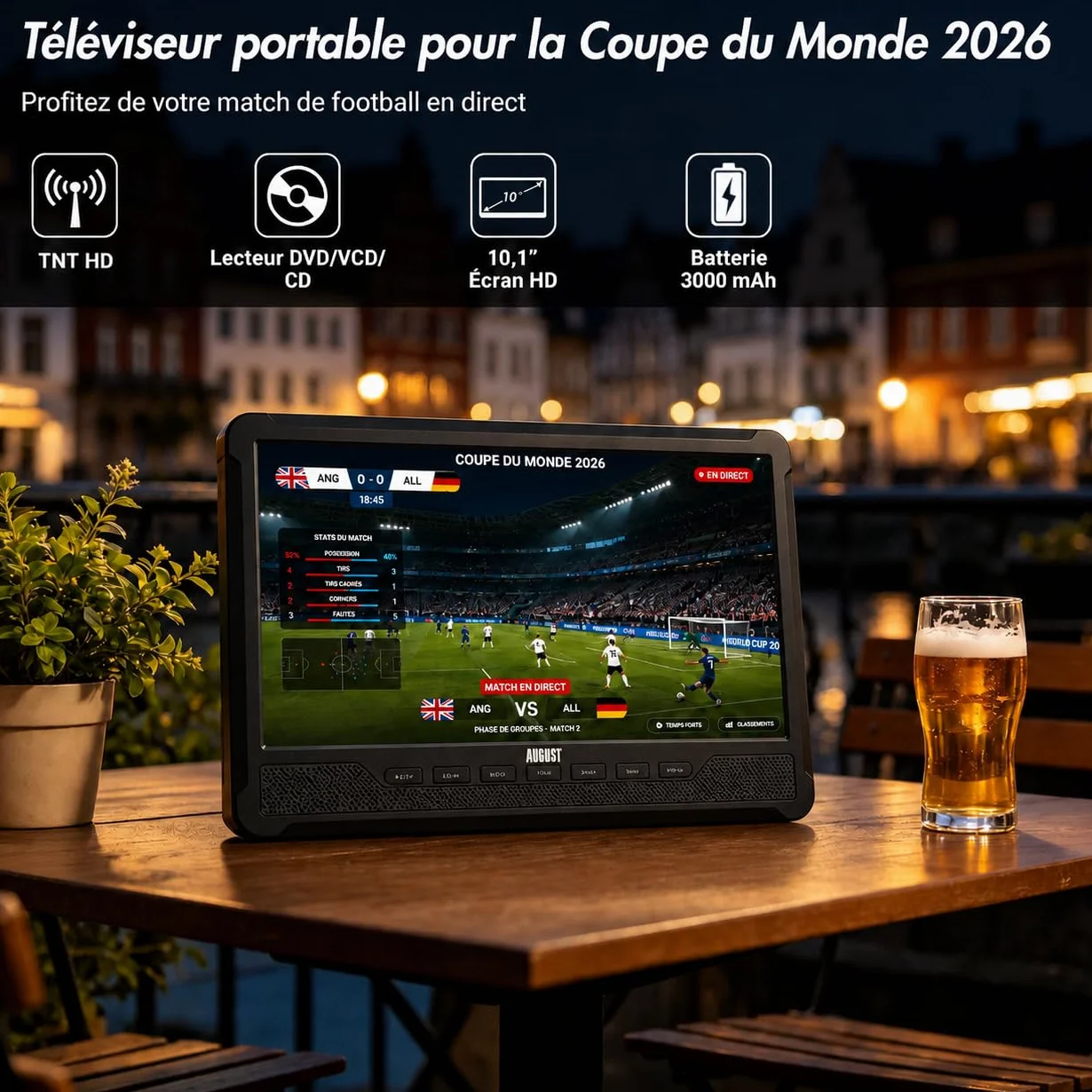 August DA383 TV Portable 10" avec Lecteur DVD Intégré, Enregistrement TV TNT HD DVB-T2, Batterie Rechargeable, CD/DVD/USB/SD, HDMI, AV