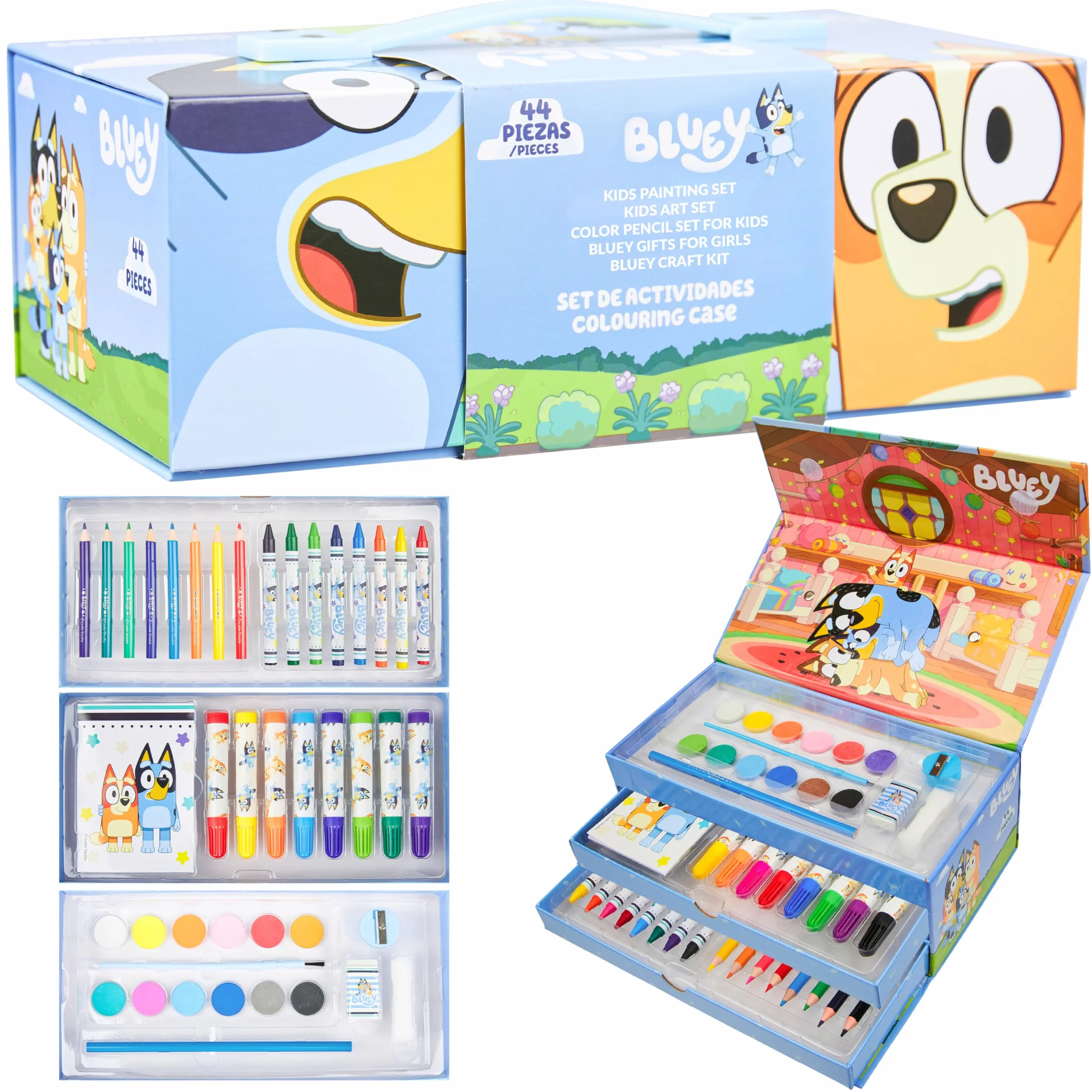 Bluey Coffret Peinture Enfant, Dessin, Coloriage, Crayon de Couleur et Cire, Feutres, Cadeau Enfant Bleu 3 Niveaux