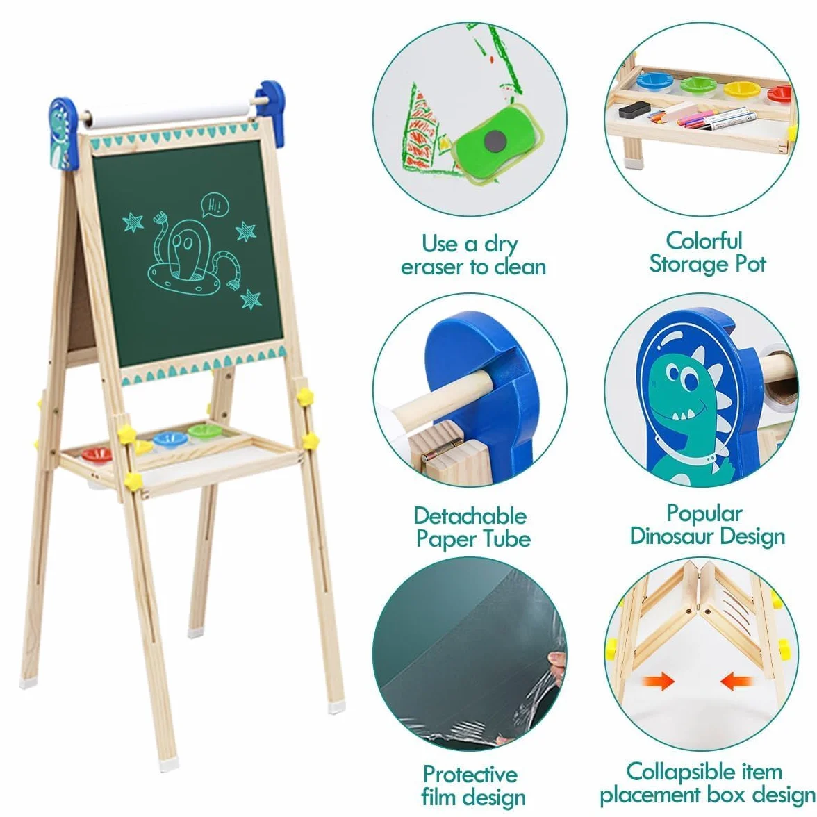 Chevalet pour Enfants en Bois 3 en 1 Tableau de Dessin Double Faces Pliable Réglable en Hauteur avec Rouleau de Papier et Accessoires 3+ Ans Cadeaux