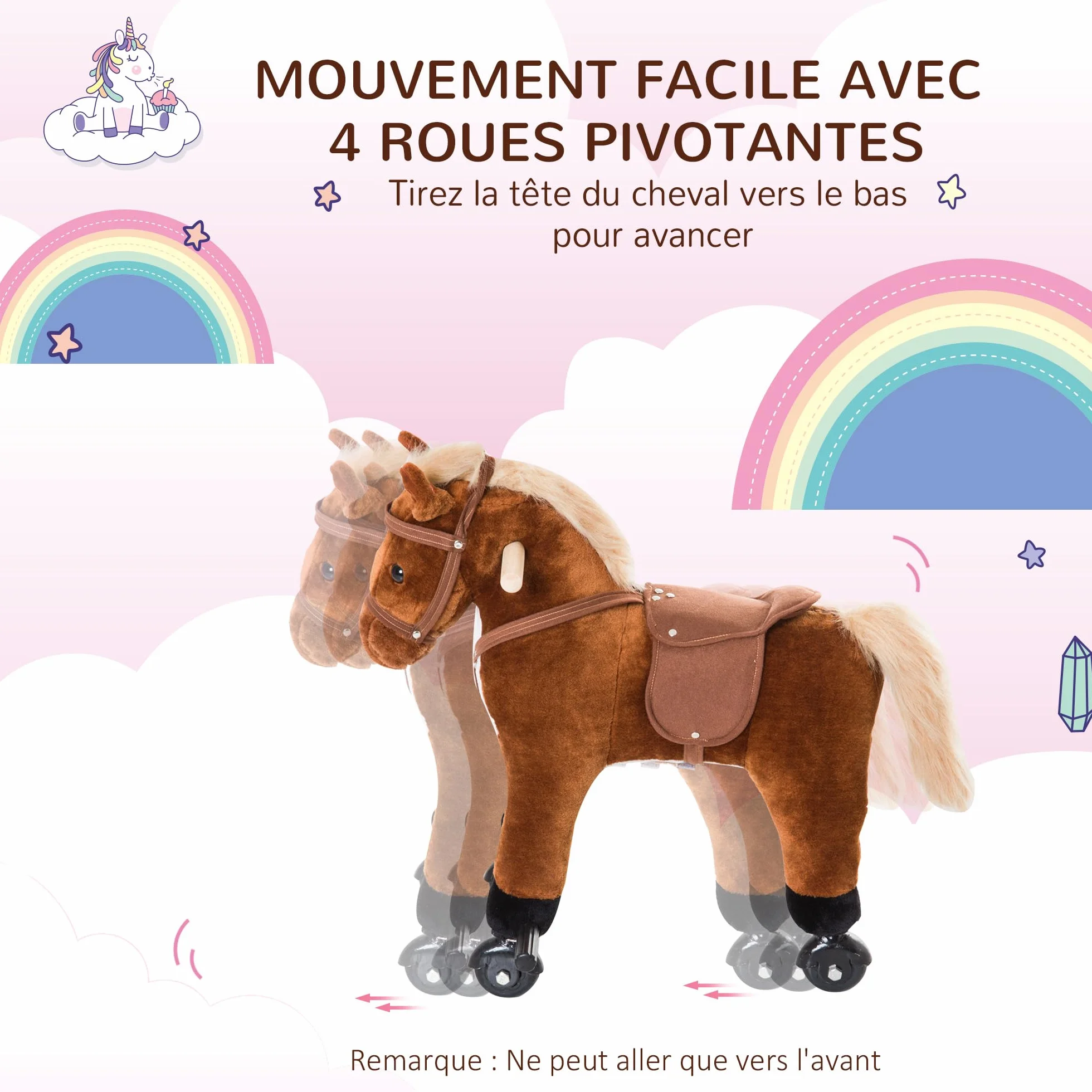 HOMCOM Cheval en Peluche pour Enfant +24 Mois avec Effet Sonore, Repose-Pieds, Guidon, Charge 60 kg, 55x23x60 cm, Marron