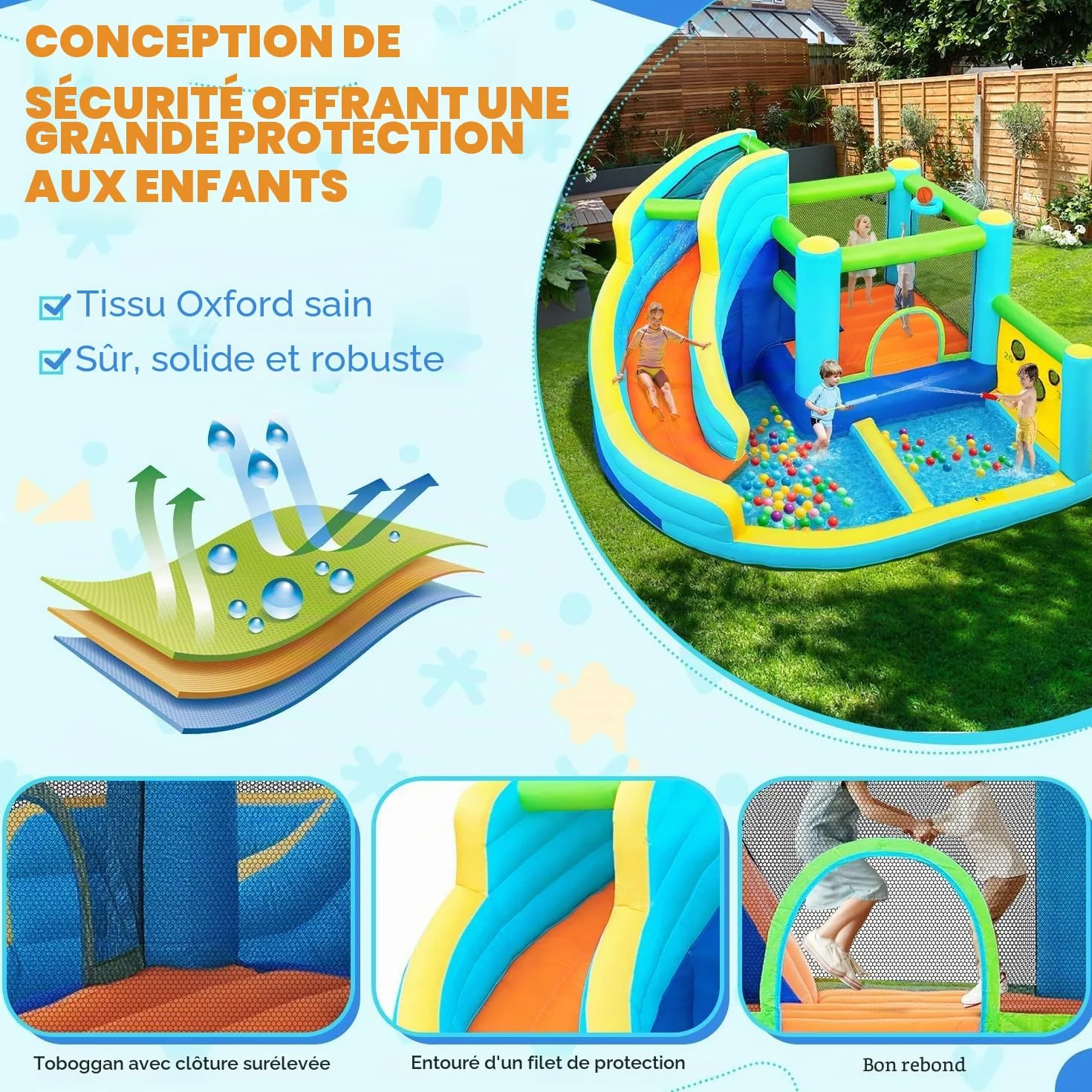 Château Gonflable Parc Aquatique pour Enfants avec Toboggan Trampoline Pataugeoire Mur d'escalade Panier de Basket Grand Jardin Extérieur 4 Enfants