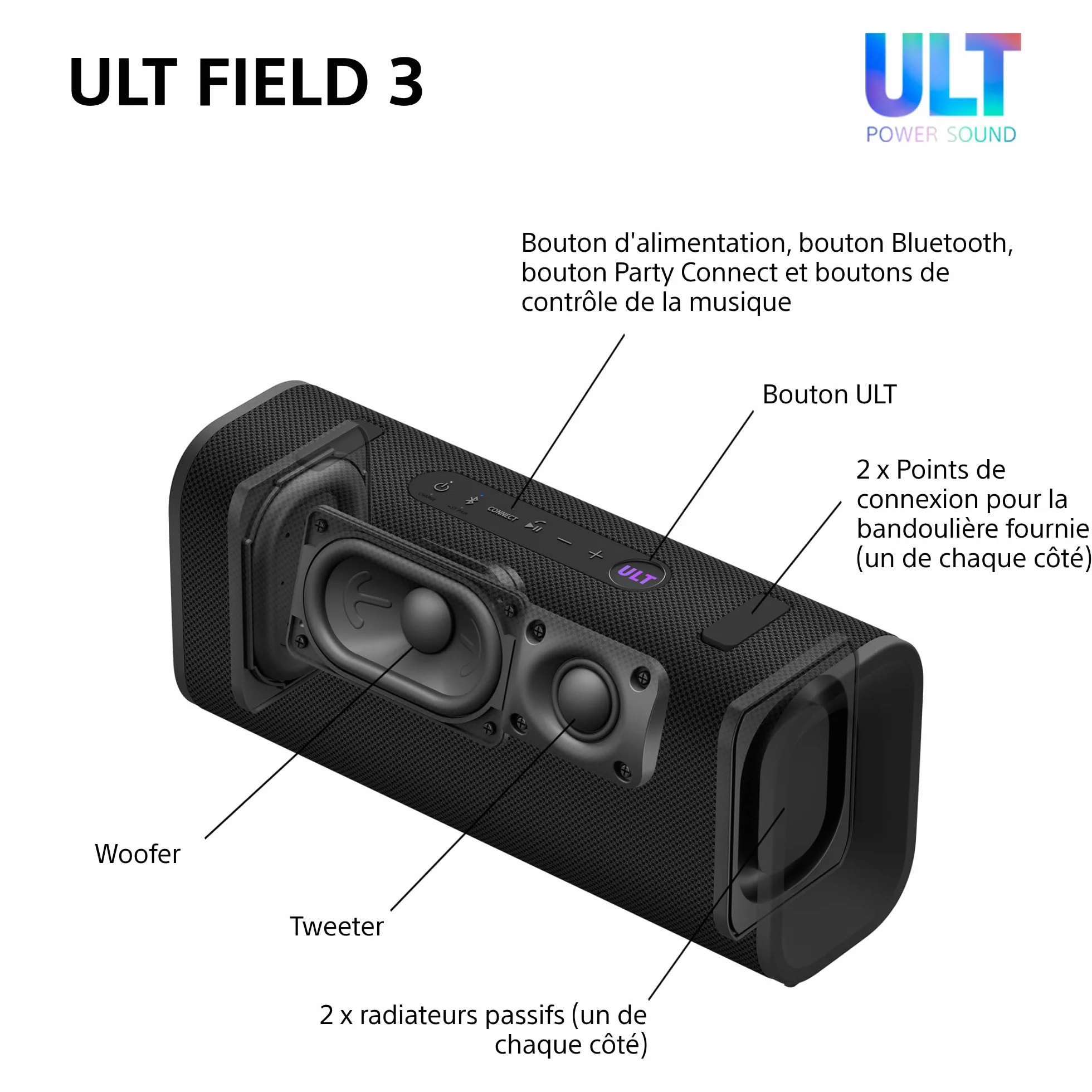 Sony ULT Field 3 Enceinte Bluetooth Portable ULT Power Sound 24 Heures IP67 étanche Noir