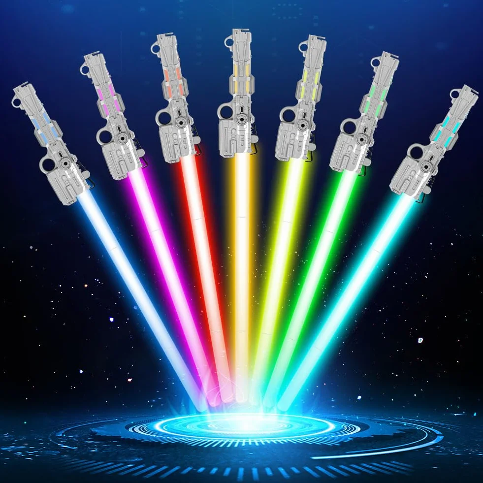 Sabre Laser 7 Couleurs 2 en 1 Épée Laser LED avec Son Rétractable Rechargeable USB Argent 34-66cm