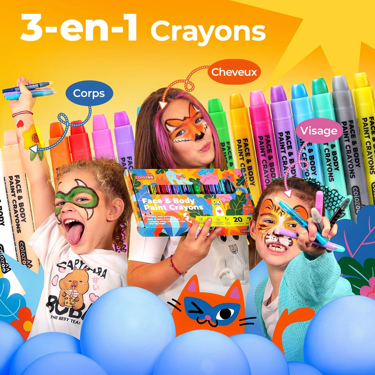 Colozoo Kit de maquillage enfants 20 couleurs crayons visage pinceaux pochoirs face paint